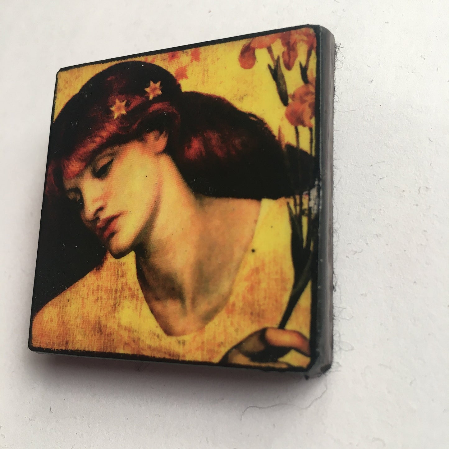 Wooden art brooch, portrait oil painting Sancta Lilias by Dante Gabriel Rossetti.