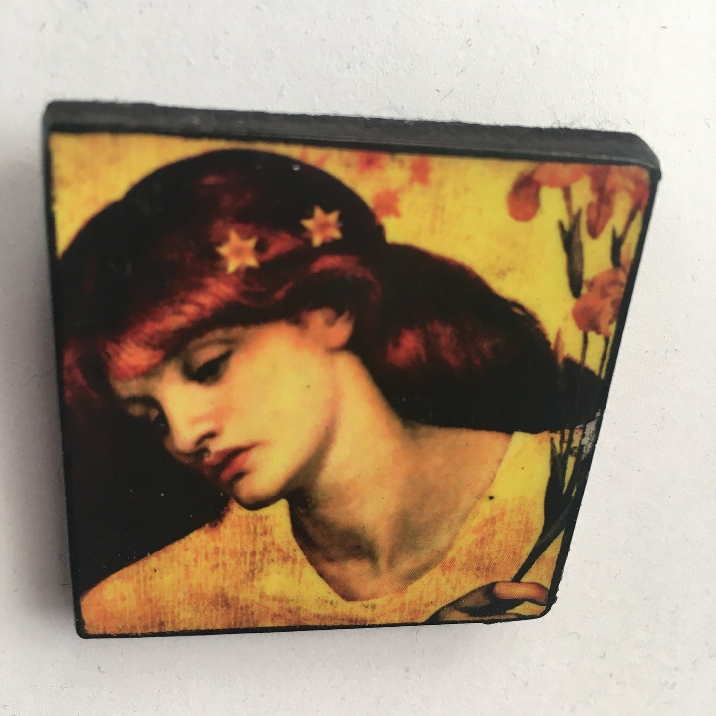 Wooden art brooch, portrait oil painting Sancta Lilias by Dante Gabriel Rossetti.