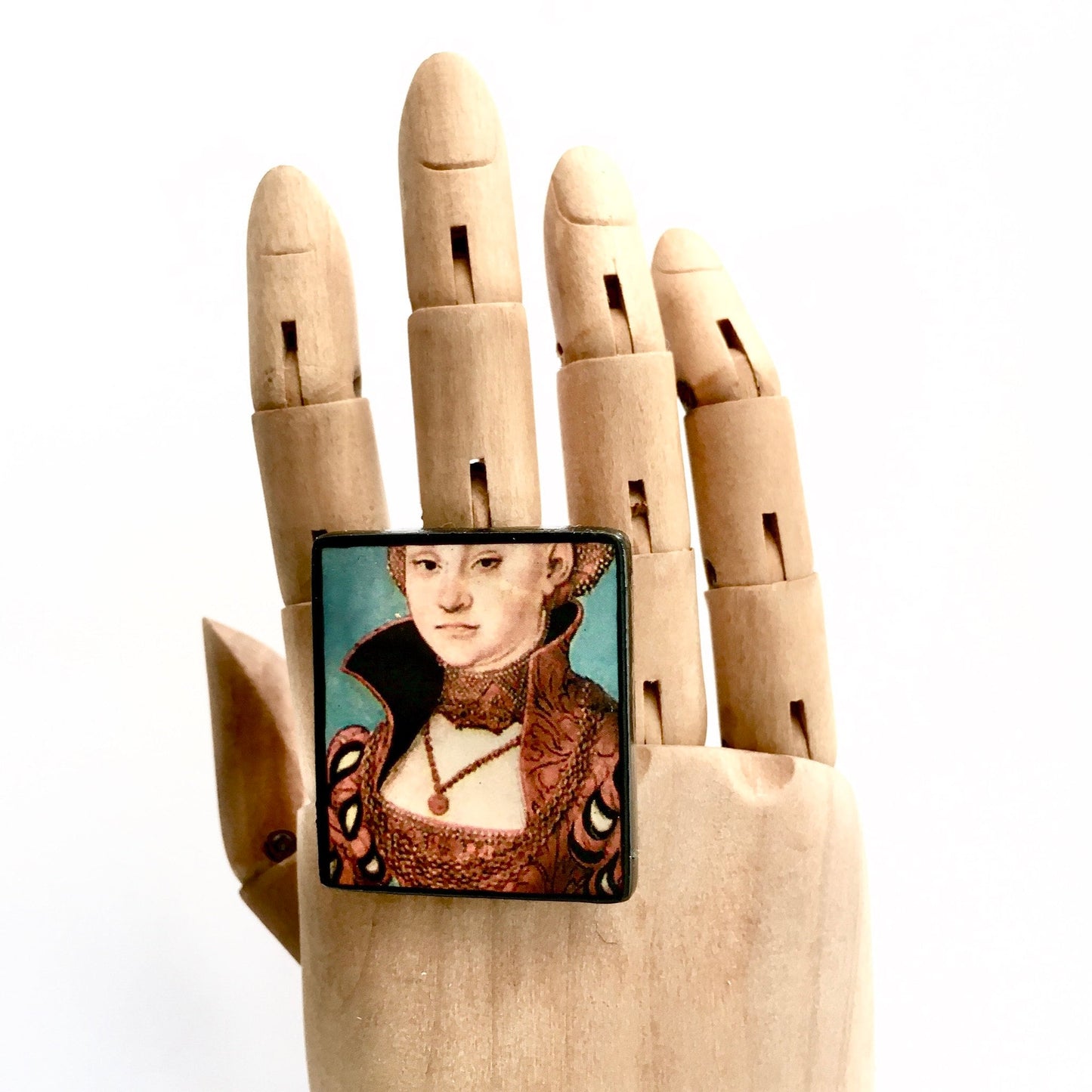 Adjustable, sustainable wooden ring for women, inspired by German Renaissance artist Lucas Cranach. Obljewellery Lady portrait ring.