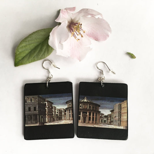 Mismatched art Earrings. Architecture jewellery gift. Wooden unusual earrings.