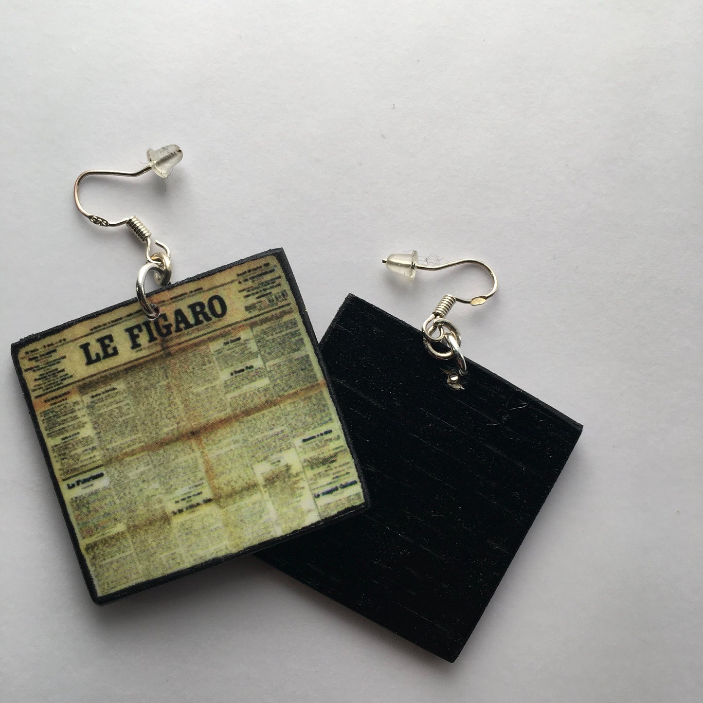 Funky, wooden and sterling silver hooks earrings. Le figaro aesthetic earrings.