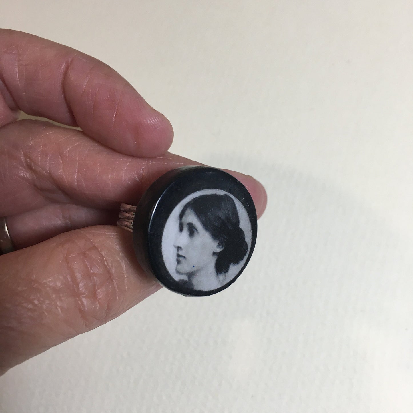 Virginia Woolf gift. Feminist gift, quirky wooden round ring.