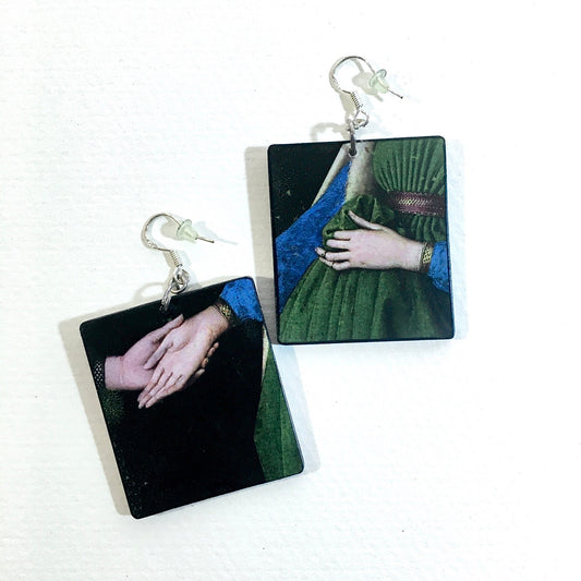 Mismatched art earrings professional handmade with sustainable wood and sterling silver hypoallergenic hooks. These earrings hecho the famous oil painting The Andolfini Wedding by Renaissance artist Jan van Eyck.