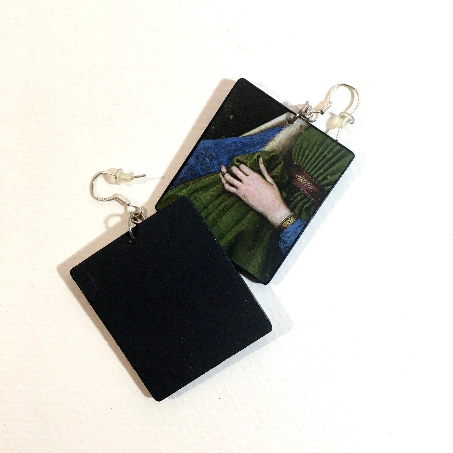 Mismatched art earrings professional handmade with sustainable wood and sterling silver hypoallergenic hooks. These earrings hecho the famous oil painting The Andolfini Wedding by Renaissance artist Jan van Eyck.