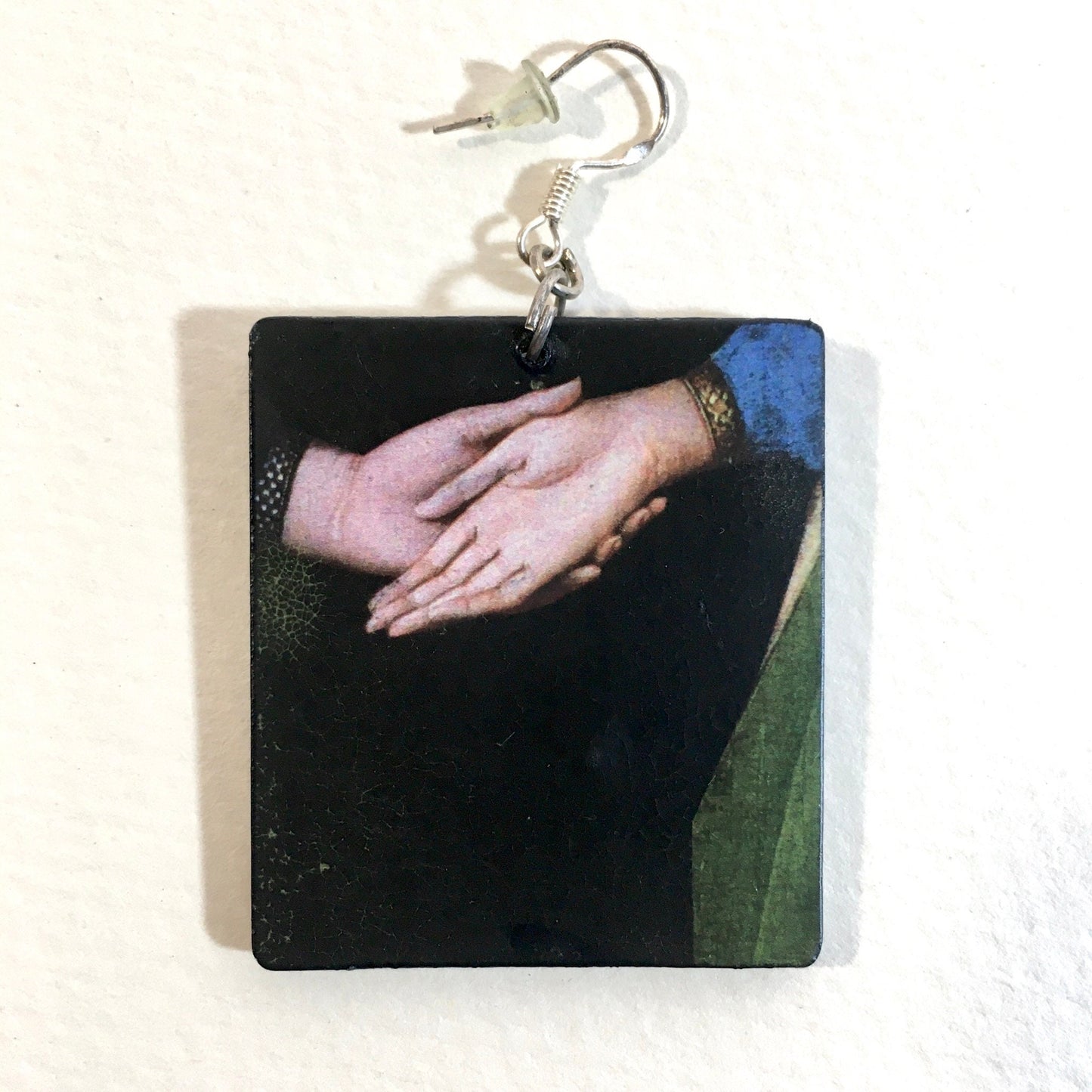 Mismatched art earrings professional handmade with sustainable wood and sterling silver hypoallergenic hooks. These earrings hecho the famous oil painting The Andolfini Wedding by Renaissance artist Jan van Eyck.