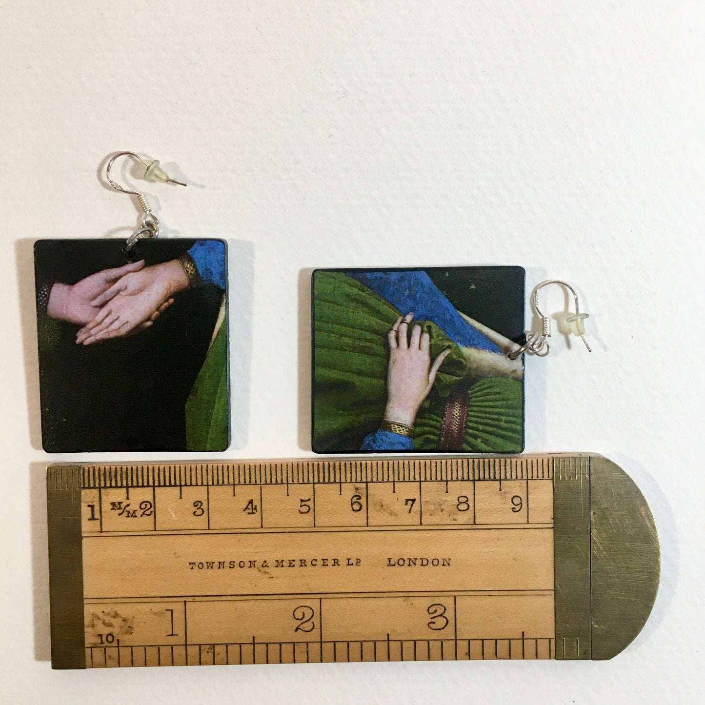 Mismatched art earrings professional handmade with sustainable wood and sterling silver hypoallergenic hooks. These earrings hecho the famous oil painting The Andolfini Wedding by Renaissance artist Jan van Eyck.