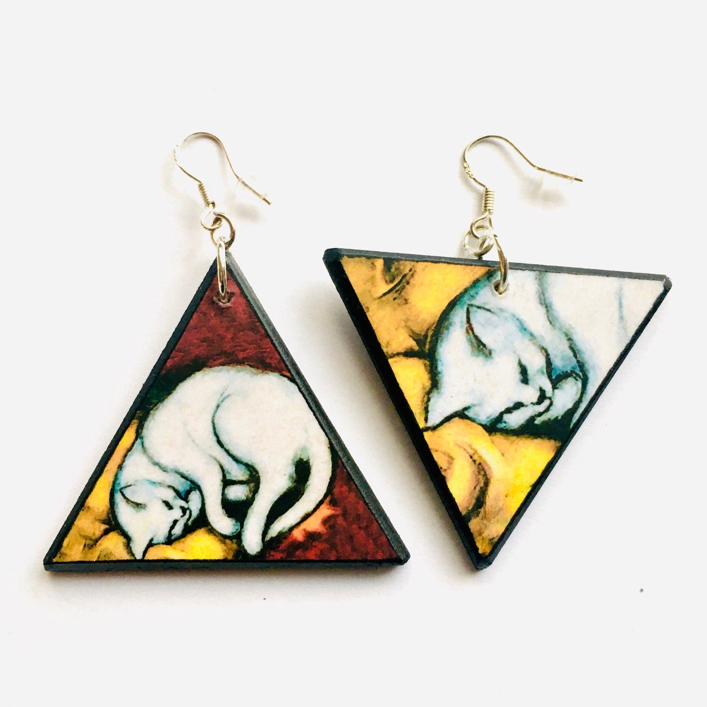 Triangle earrings, wood and sterling earrings. Cat earrings gift for her.