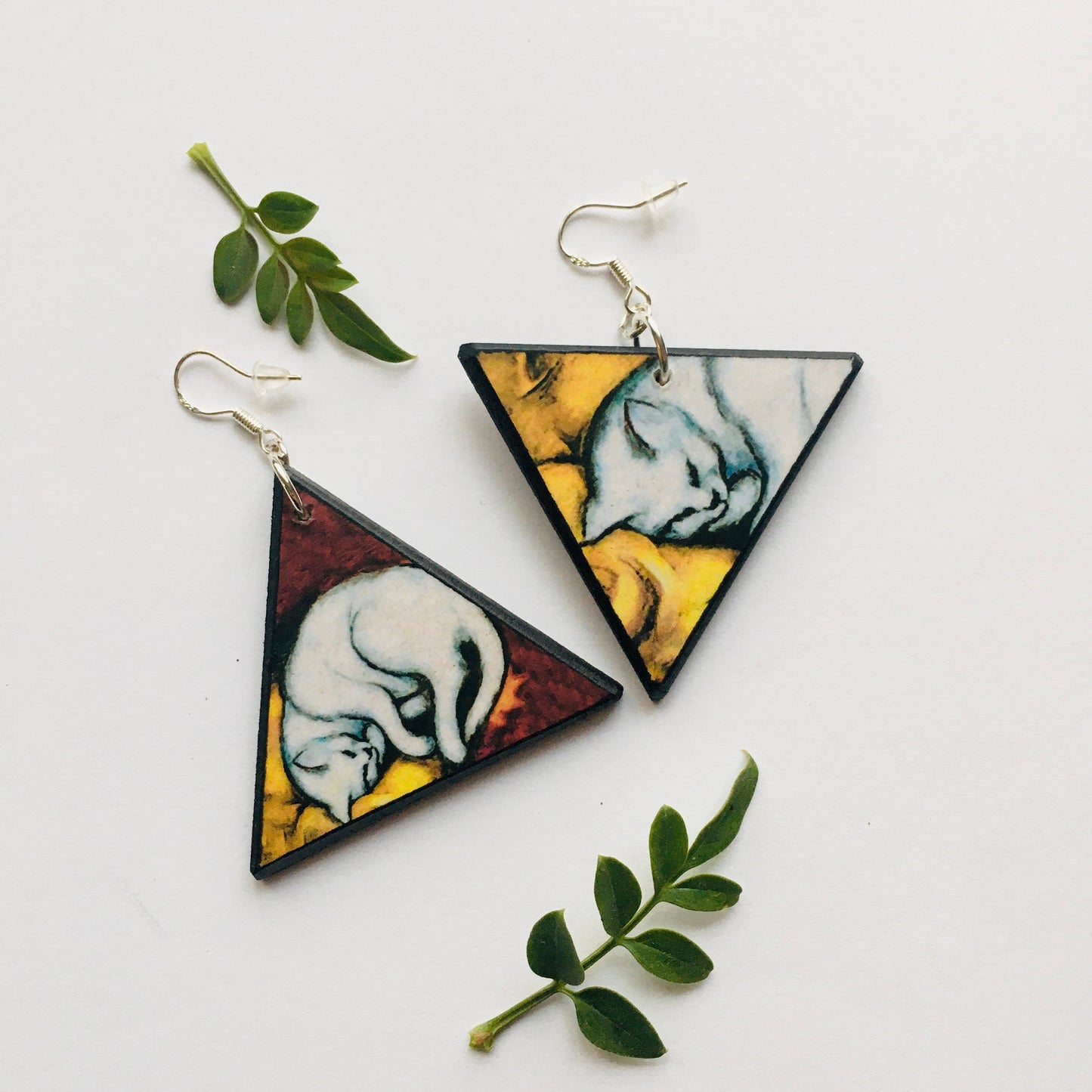 Triangle earrings, wood and sterling earrings. Cat earrings gift for her.