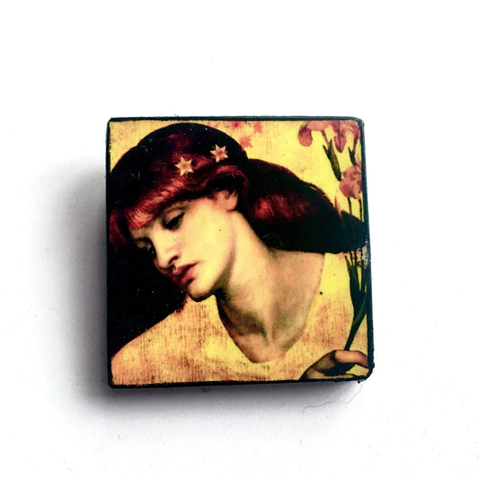 Wooden art brooch, portrait oil painting Sancta Lilias by Dante Gabriel Rossetti.