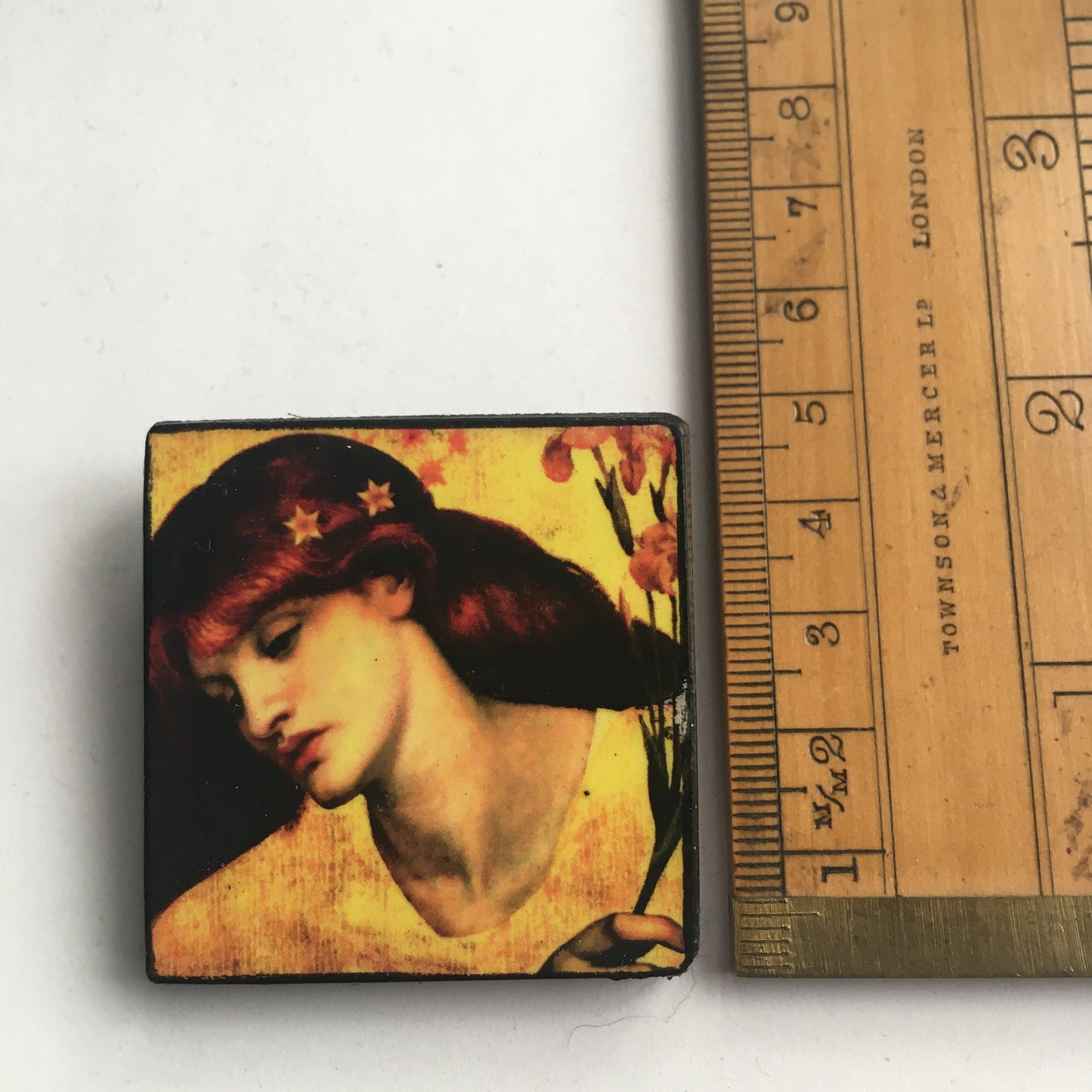 Wooden art brooch, portrait oil painting Sancta Lilias by Dante Gabriel Rossetti.