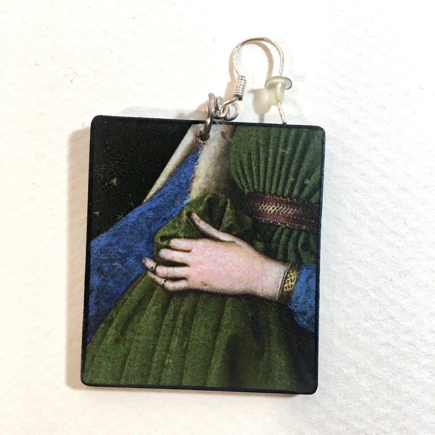 Mismatched art earrings professional handmade with sustainable wood and sterling silver hypoallergenic hooks. These earrings hecho the famous oil painting The Andolfini Wedding by Renaissance artist Jan van Eyck.