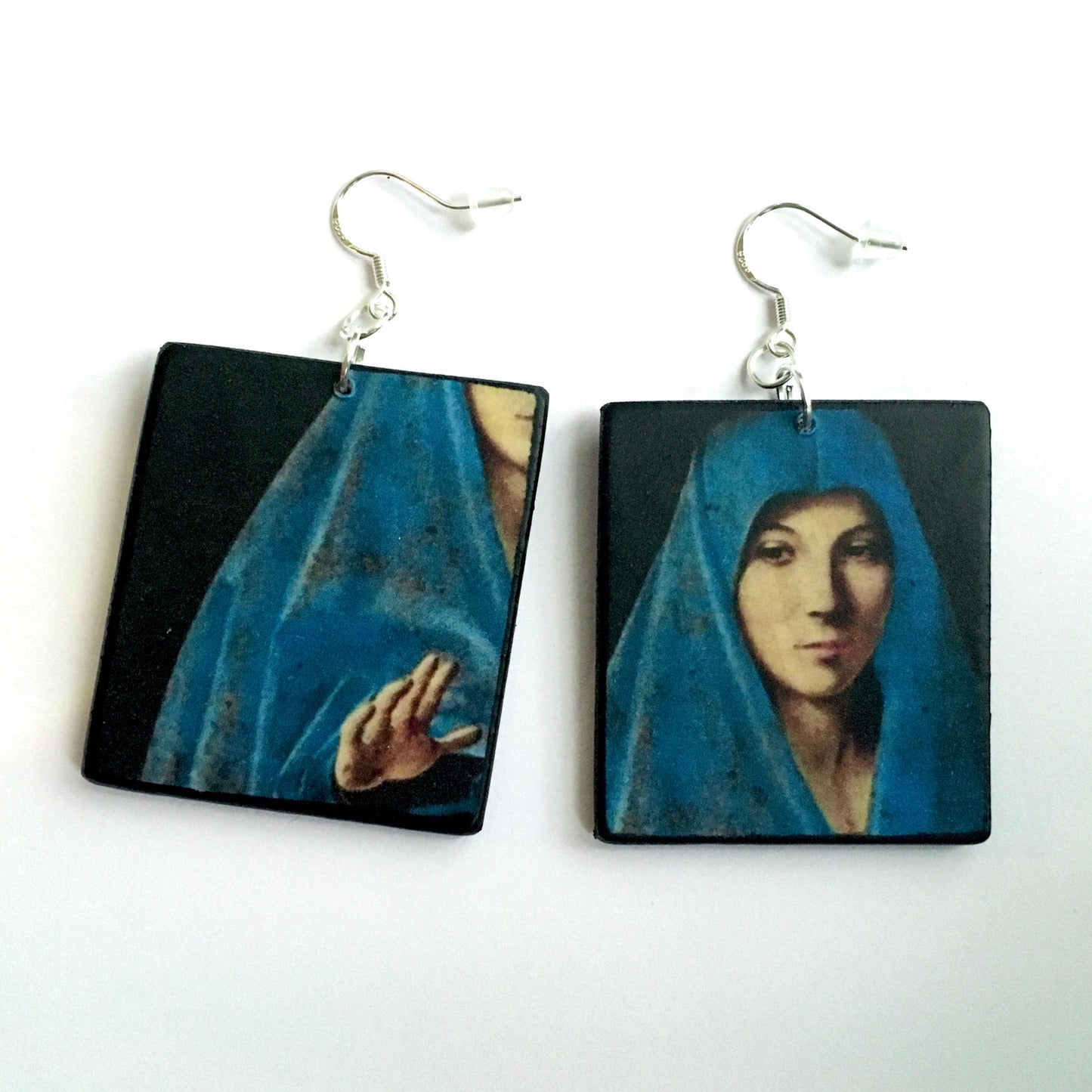 Italian Renaissance art, Antonello da Messina, Annunciata earrings. Madonna with blue veil art detail on top of these aesthetic, mismatched earrings handmade from sustainable wood and sterling silver hooks by Obljewellery.
