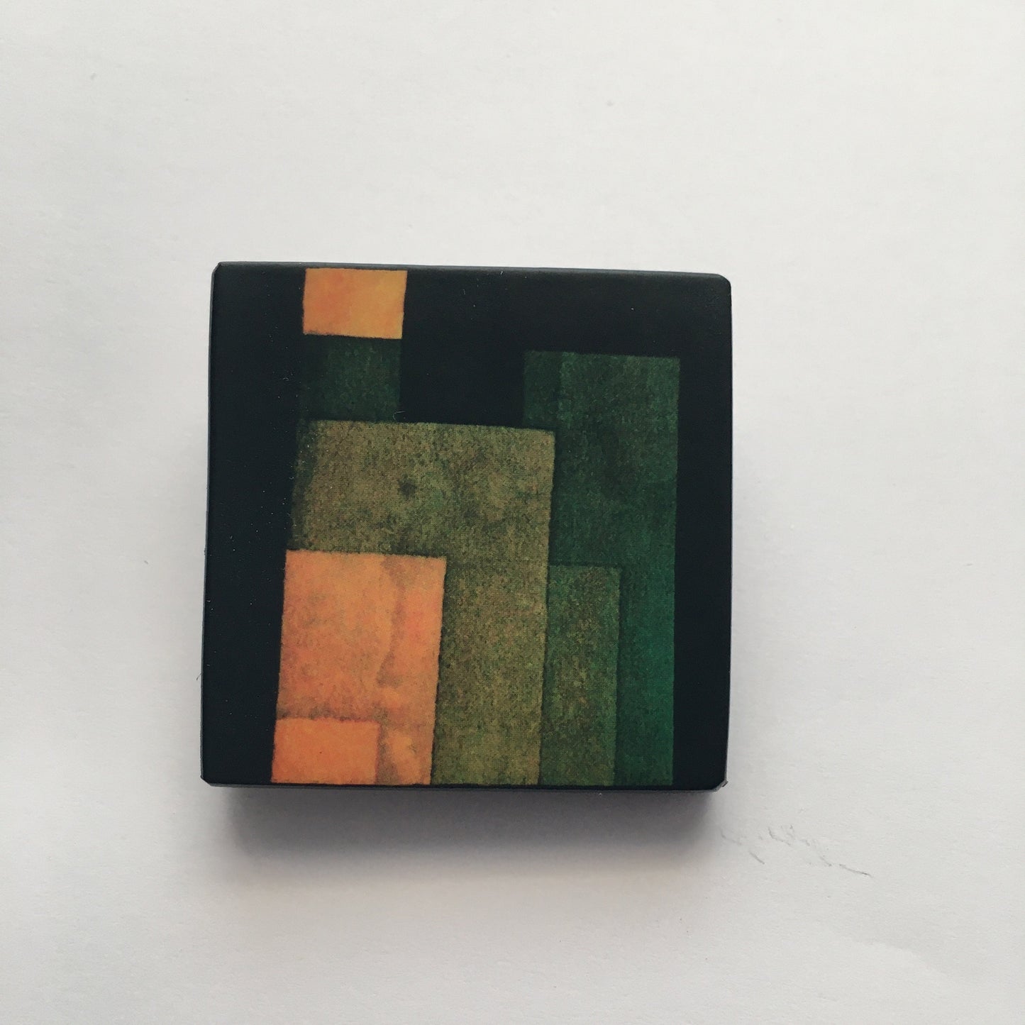 Paul Klee, chartreuse and orange wooden, geometric brooch. Alternative man gift.