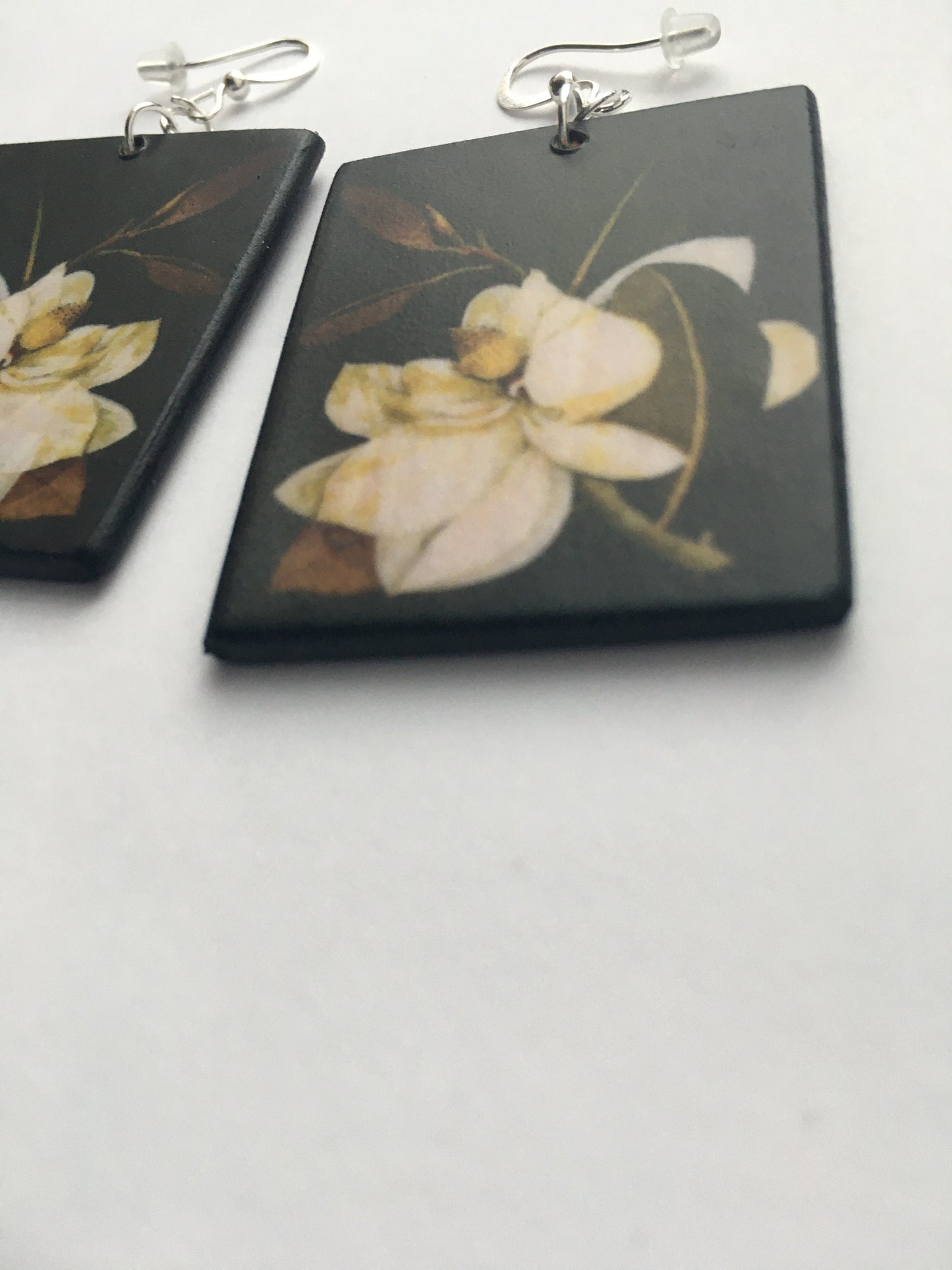Magnolia,floral earrings, wooden art earrings. Bridesmaids gift.