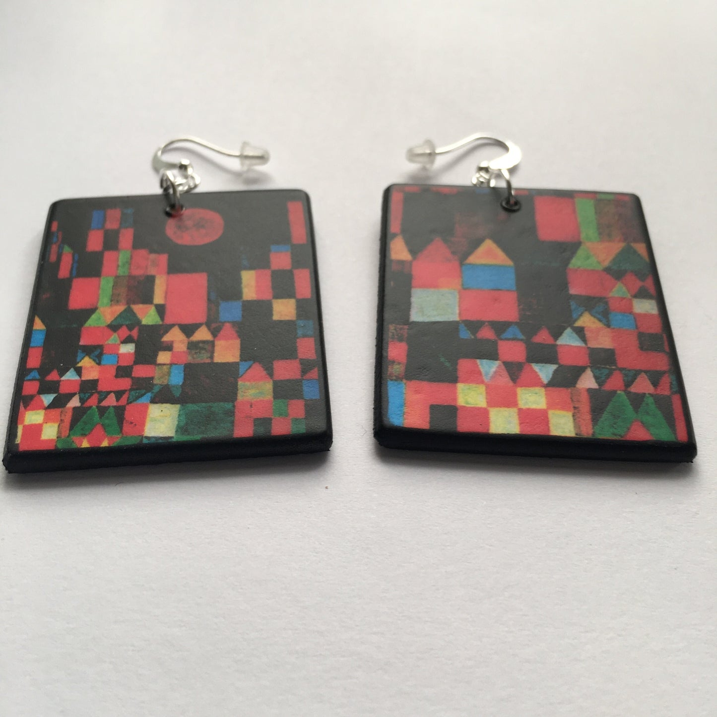 Paul Klee, geometric, coloured, wooden art earrings. Birthday gift for her.