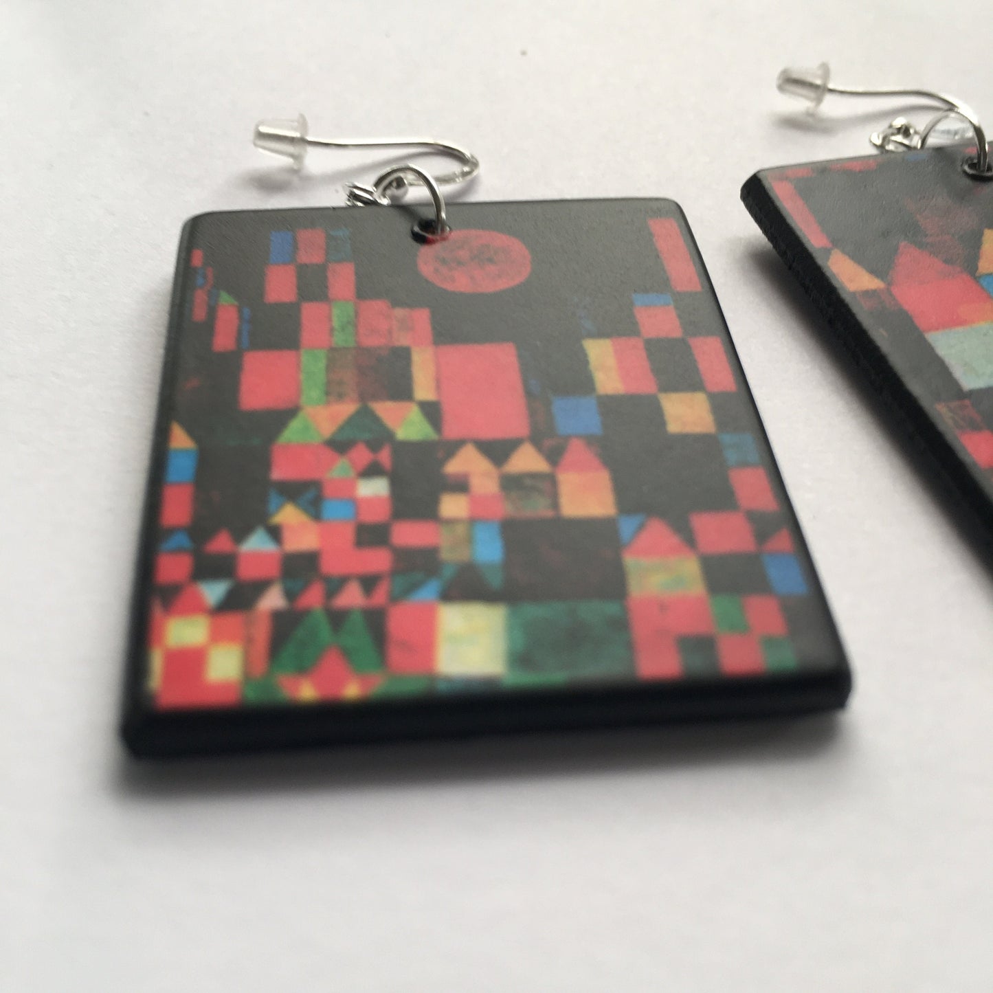 Paul Klee, geometric, coloured, wooden art earrings. Birthday gift for her.