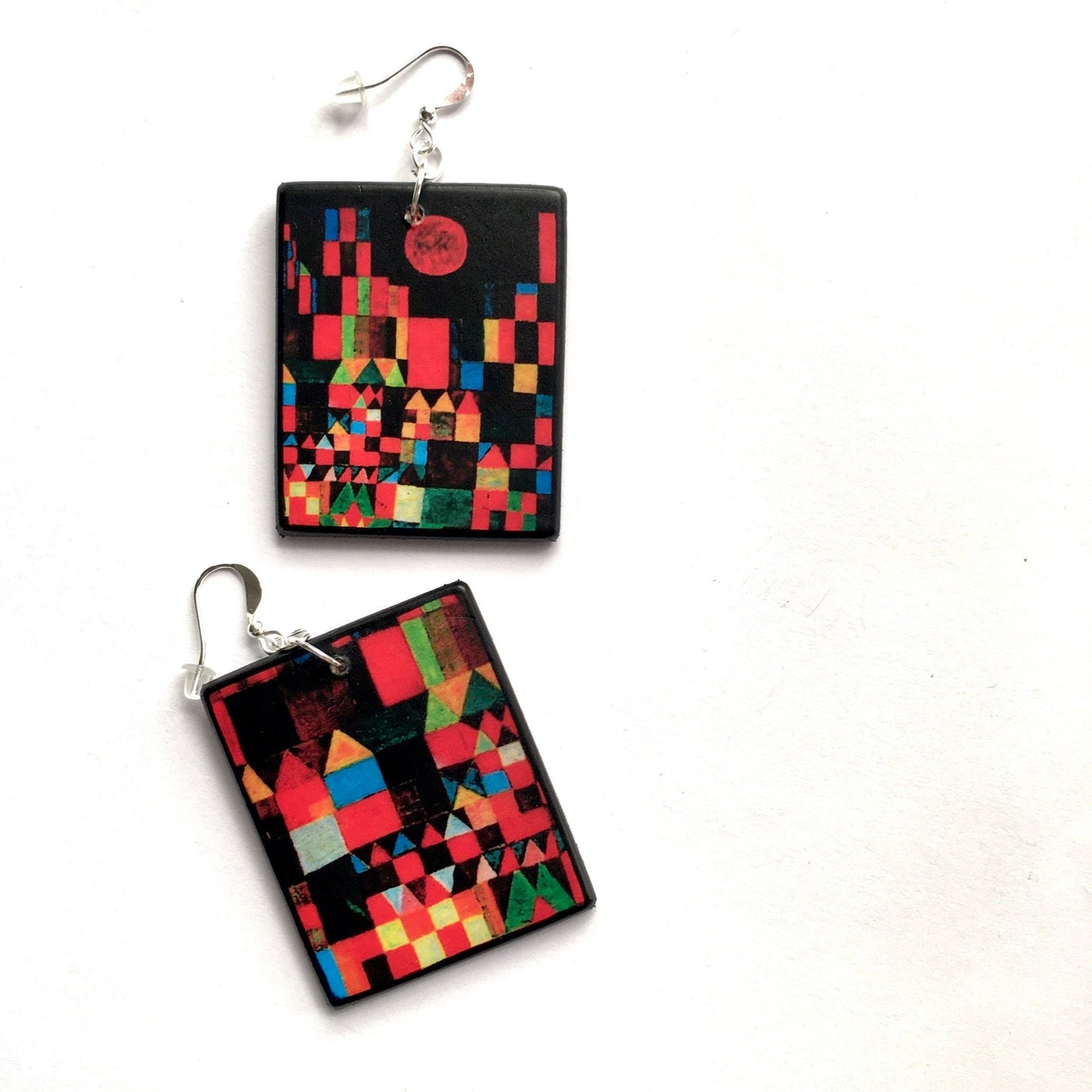 Paul Klee, geometric, coloured, wooden art earrings. Birthday gift for her.