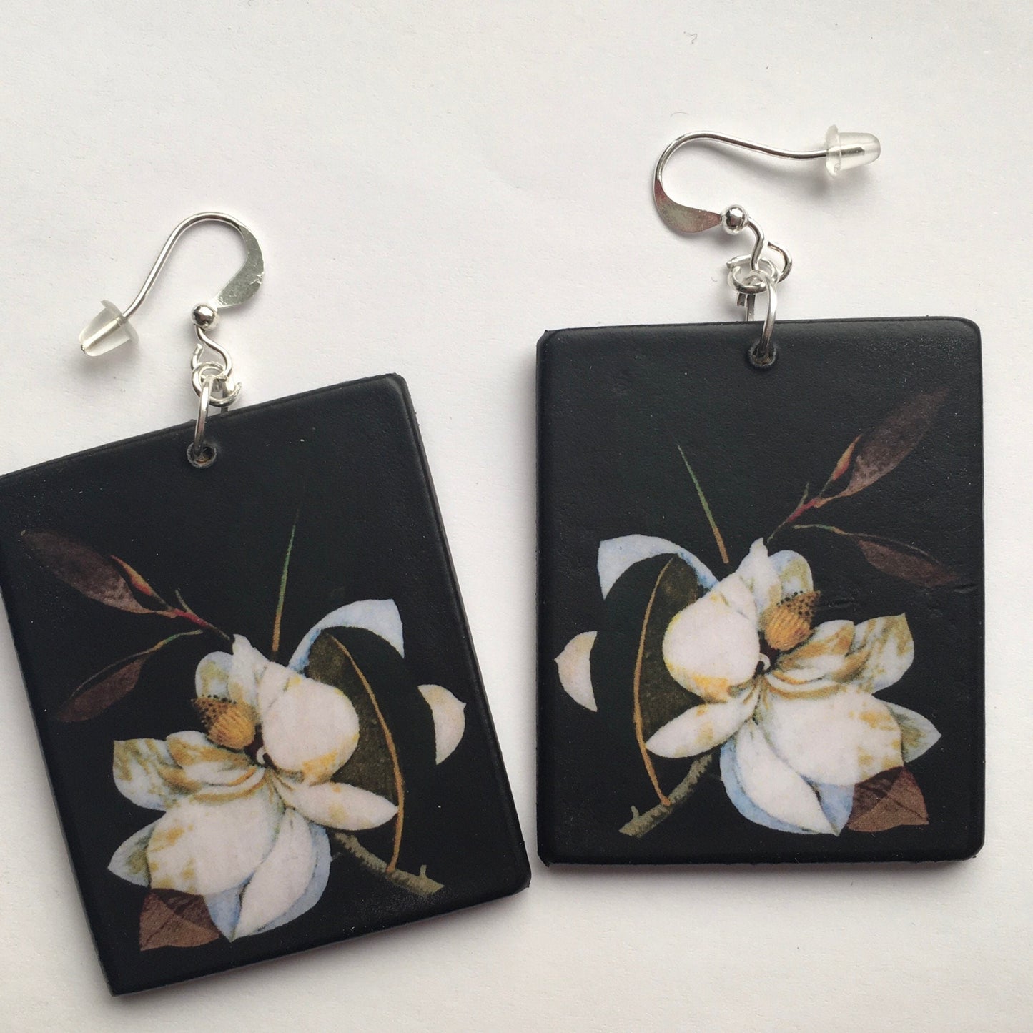 Magnolia,floral earrings, wooden art earrings. Bridesmaids gift.