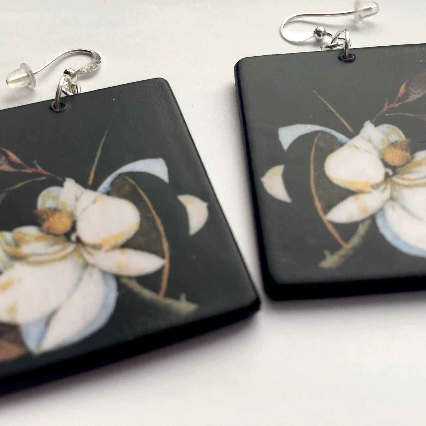 Magnolia,floral earrings, wooden art earrings. Bridesmaids gift.
