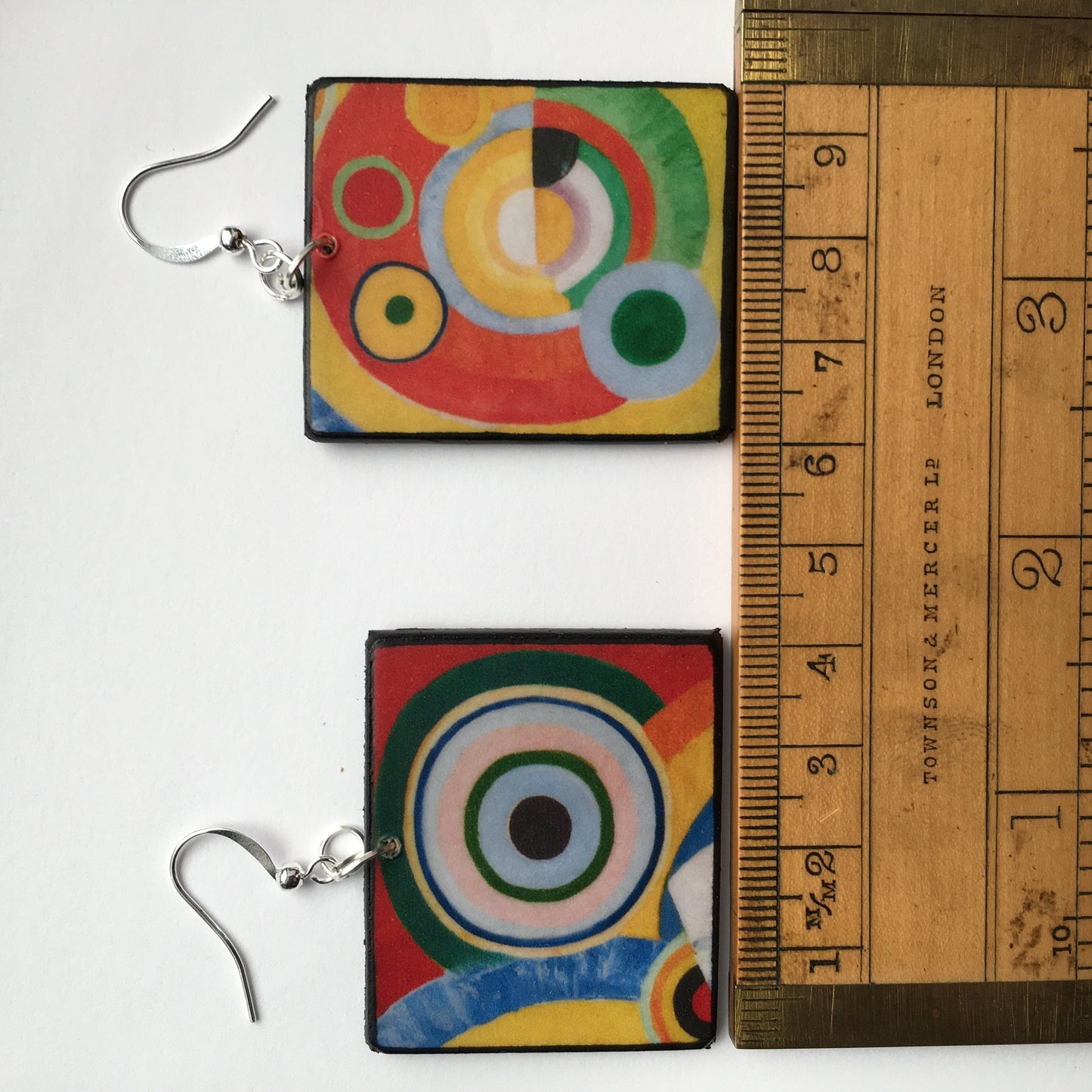 Delaunay, mismatched, asymmetrical art earrings.