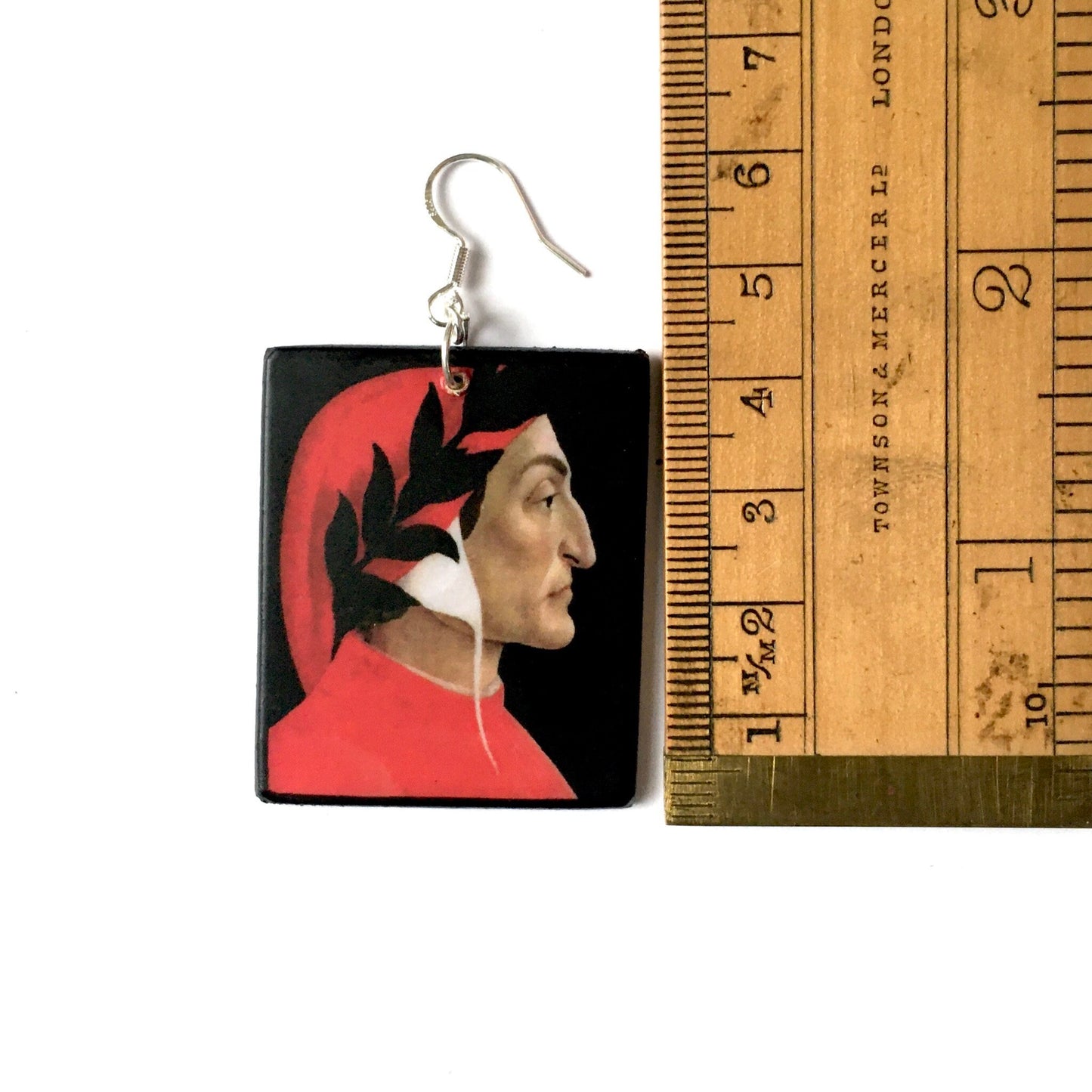 Painting by Italian artist Sandro Botticelli, portrait of Italian famous writer Dante Alighieri writer of The Divine Comedy. Sustainable rectangular earrings handmade from wood.