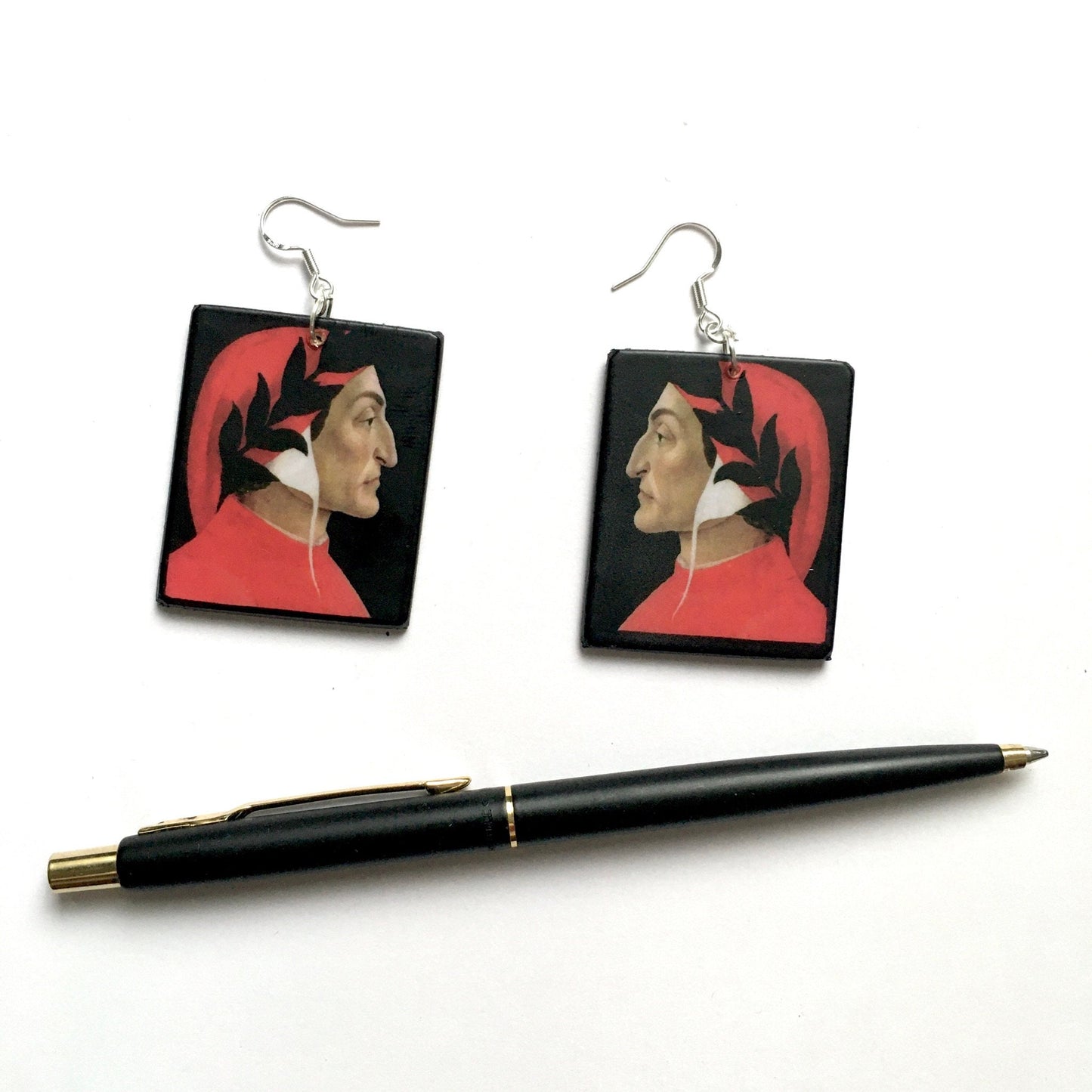 Sandro Botticelli artsy earrings. These earrings with the painting of Dante Alighiri are the cool graduation artsy gift for her. Sustainable wood with sterling silver hypoallergenic hooks.