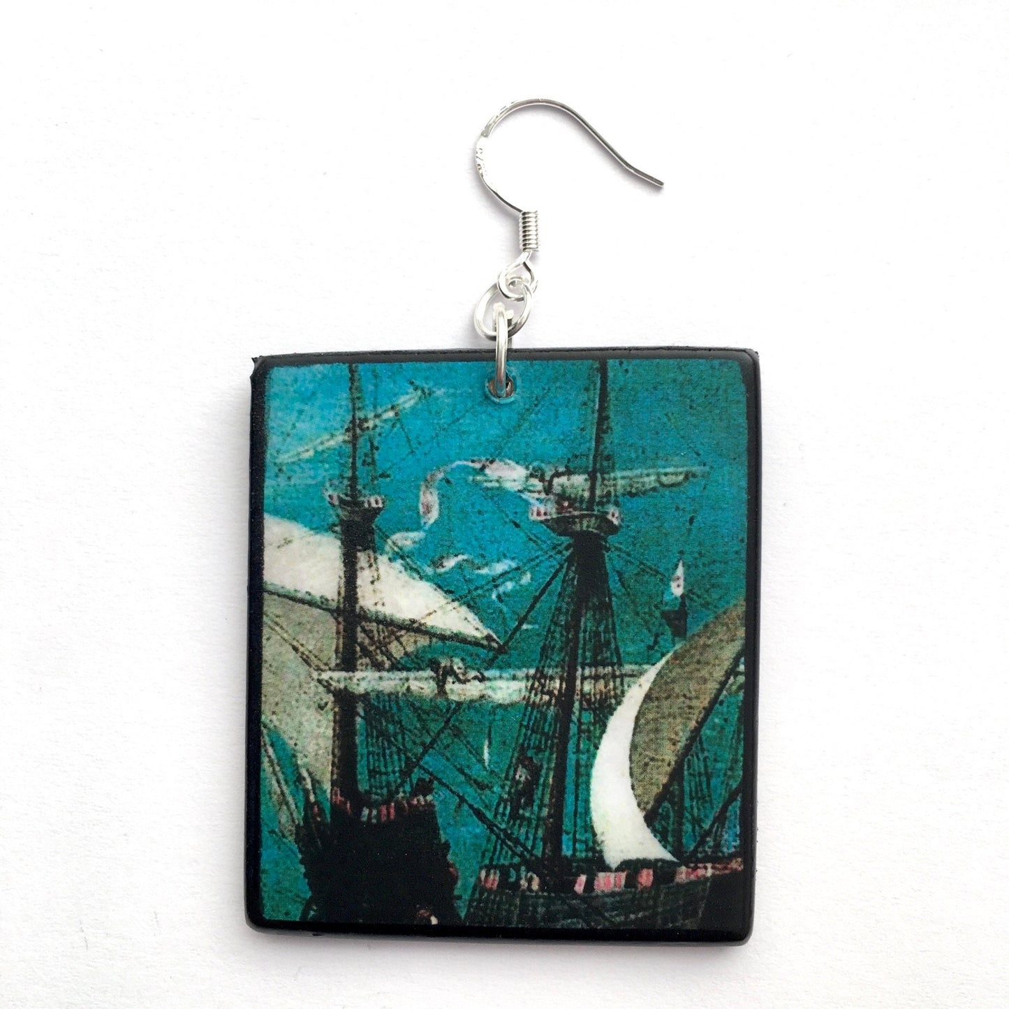 Wooden mismatched art earrings. Summer birthday gift for her. Masted sailing ship,detail of oil painting by famous artist Pieter Bruegel.