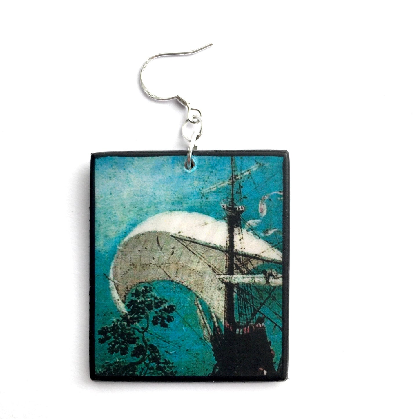 Wooden mismatched art earrings. Summer birthday gift for her. Masted sailing ship,detail of oil painting by famous artist Pieter Bruegel.