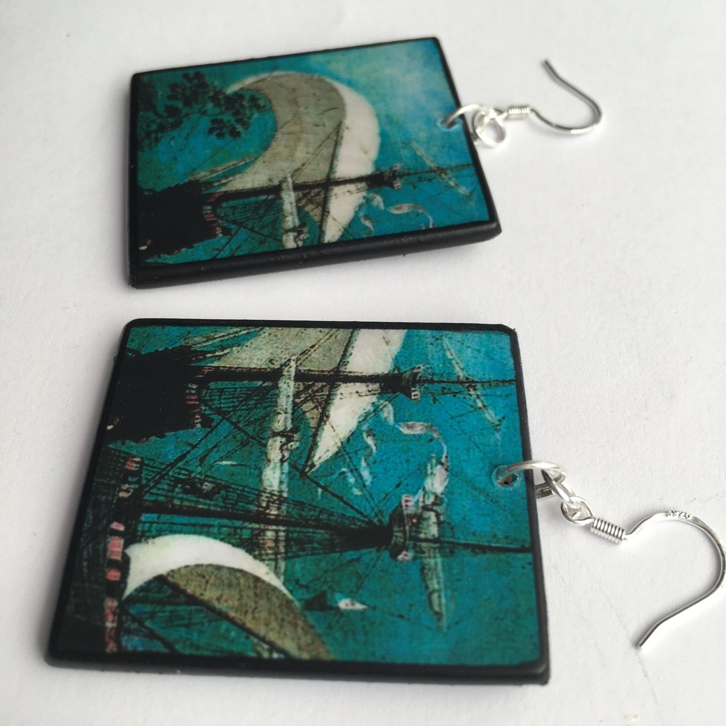 Wooden mismatched art earrings. Summer birthday gift for her. Masted sailing ship,detail of oil painting by famous artist Pieter Bruegel.