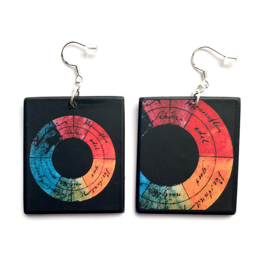 Color wheel designed by Goethe in 1809 inspired Obljewellery for these mismatched earrings.