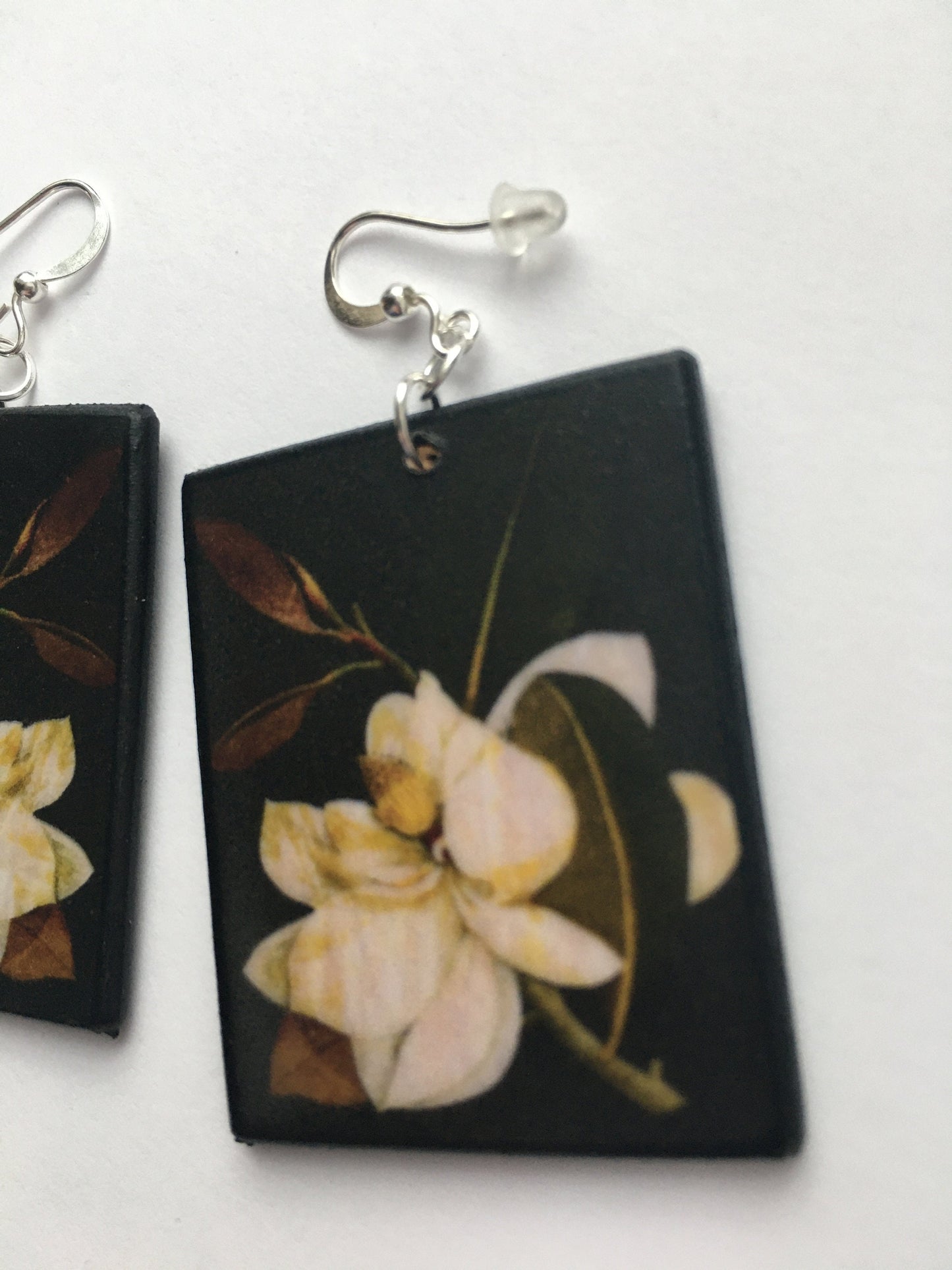Magnolia,floral earrings, wooden art earrings. Bridesmaids gift.