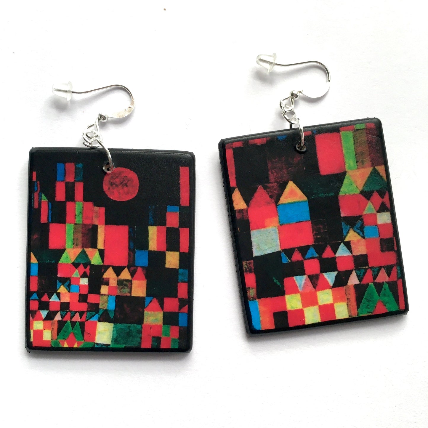 Paul Klee, geometric, coloured, wooden art earrings. Birthday gift for her.