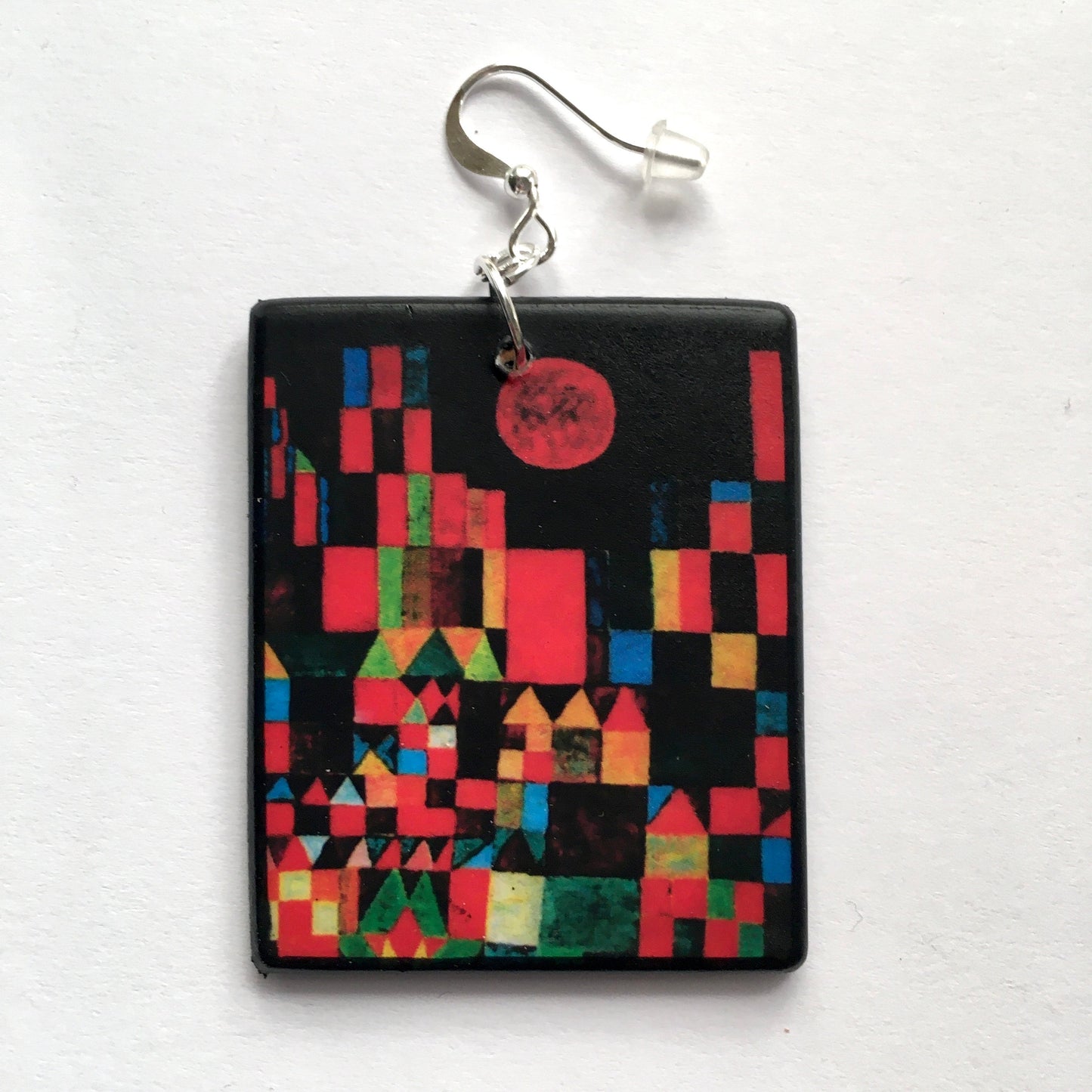Paul Klee, geometric, coloured, wooden art earrings. Birthday gift for her.