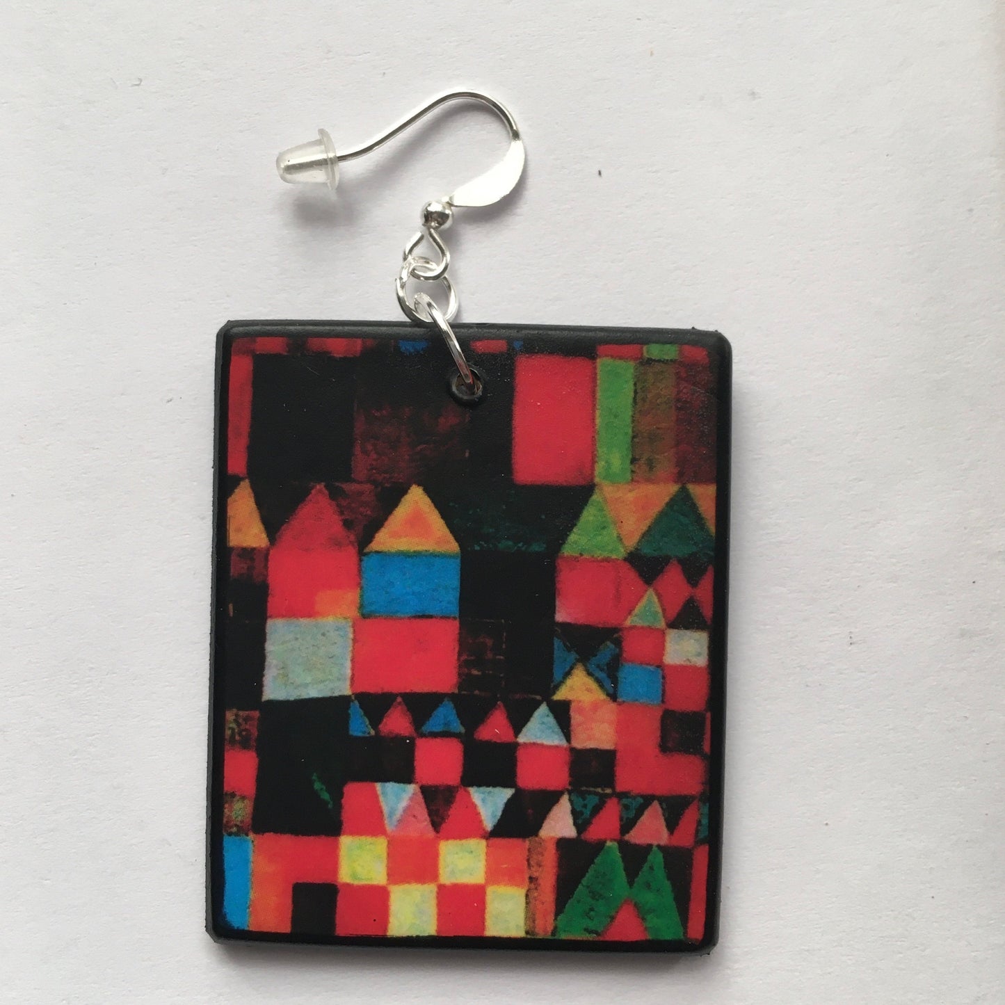 Paul Klee, geometric, coloured, wooden art earrings. Birthday gift for her.