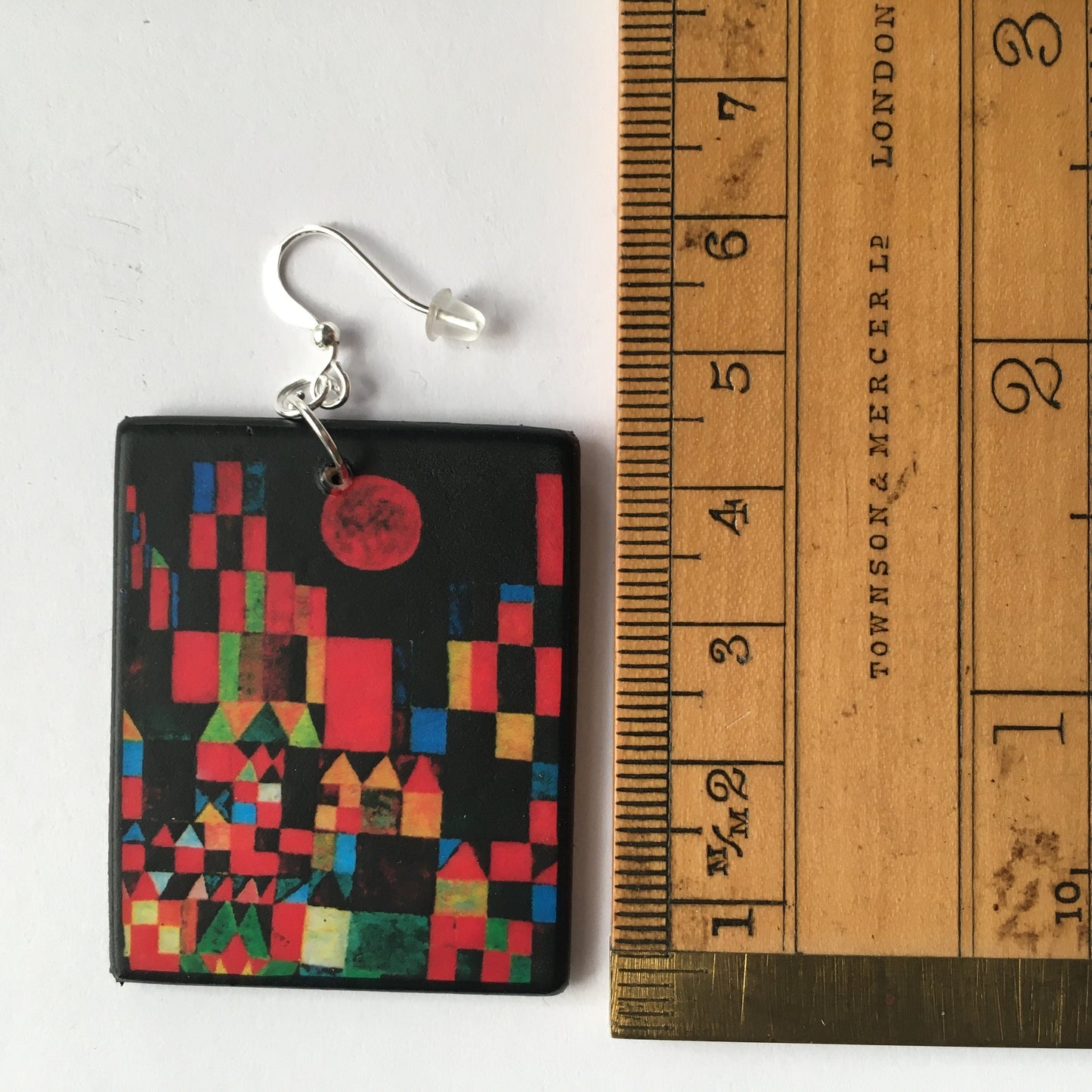 Paul Klee, geometric, coloured, wooden art earrings. Birthday gift for her.