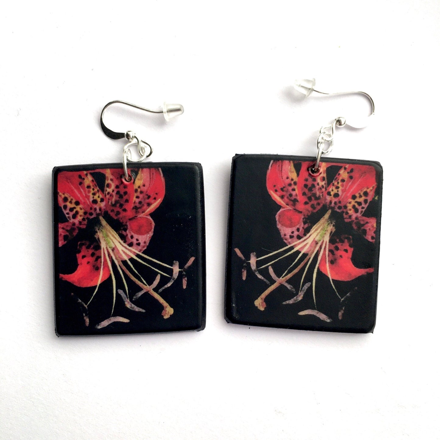 Inspired by Mary Delany collage floral art red lily, Obljewellery handmade these aesthetic, artsty earrings on sustainable wood and plated silver hooks. Each is 3.5 cm x 3 con x2mm.