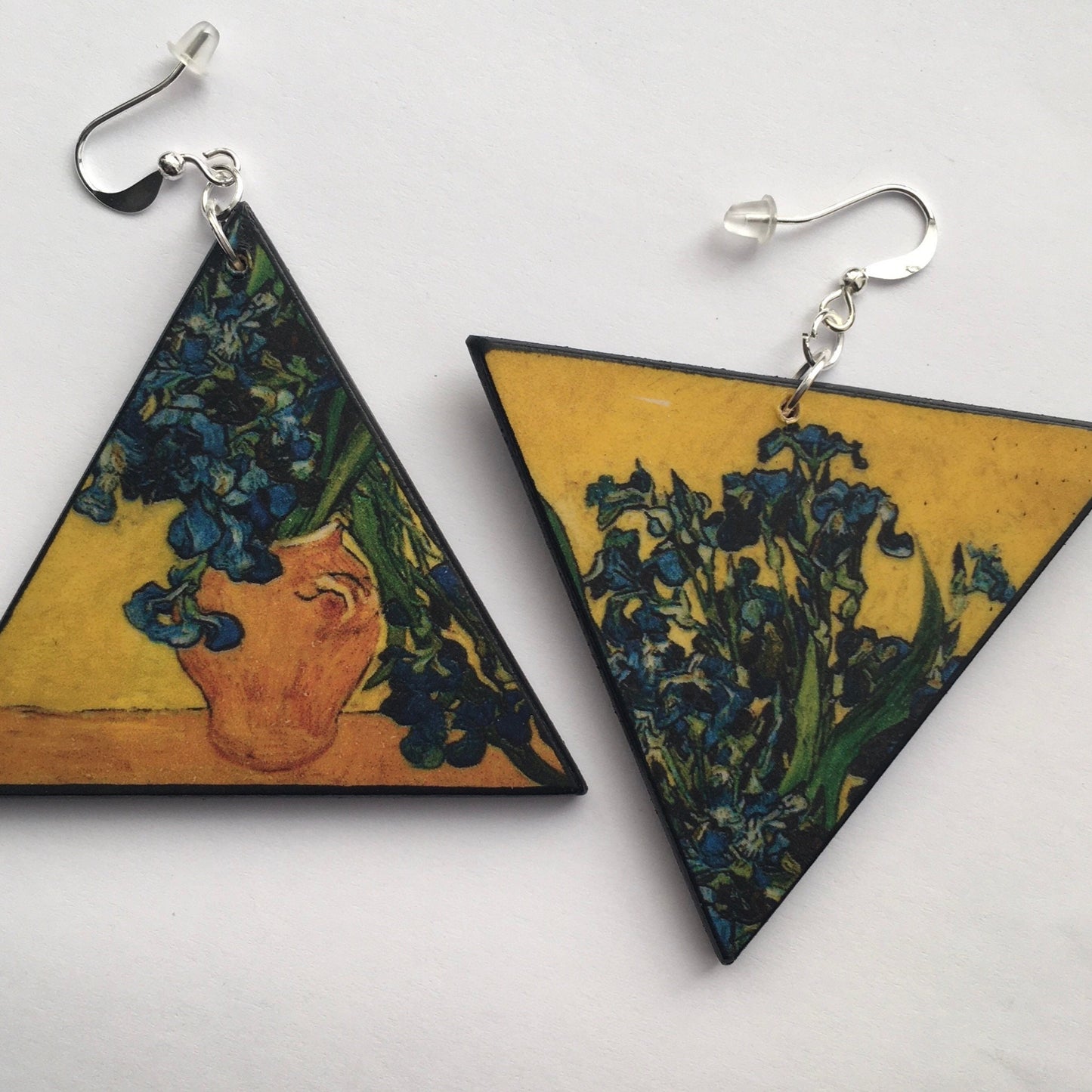 Van Gogh painting “Vase with Irises against a Yellow Background” on 1890 was one of the last paintings that he created in the psychiatric hospital in Saint-Rémy, the painting with this vibrant colours inspired Obljewellery triangle earrings. Sustainable wood earrings for an aesthetic woman gift.