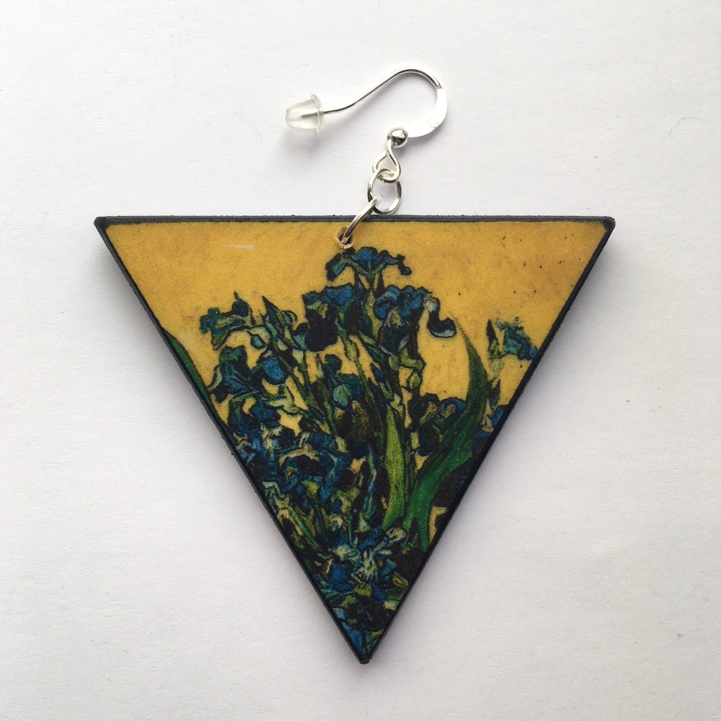 Museum-Inspired Sustainable Earrings Van Gogh Irises Triangle Earrings. Sustainable wood and sterling silver. Obljewellery