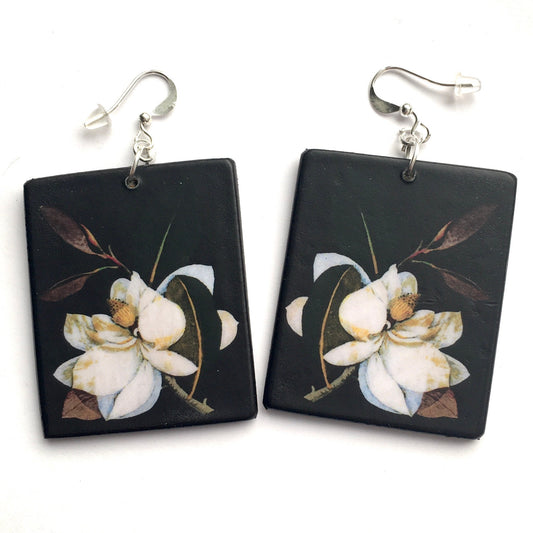 Magnolia,floral earrings, wooden art earrings. Bridesmaids gift.
