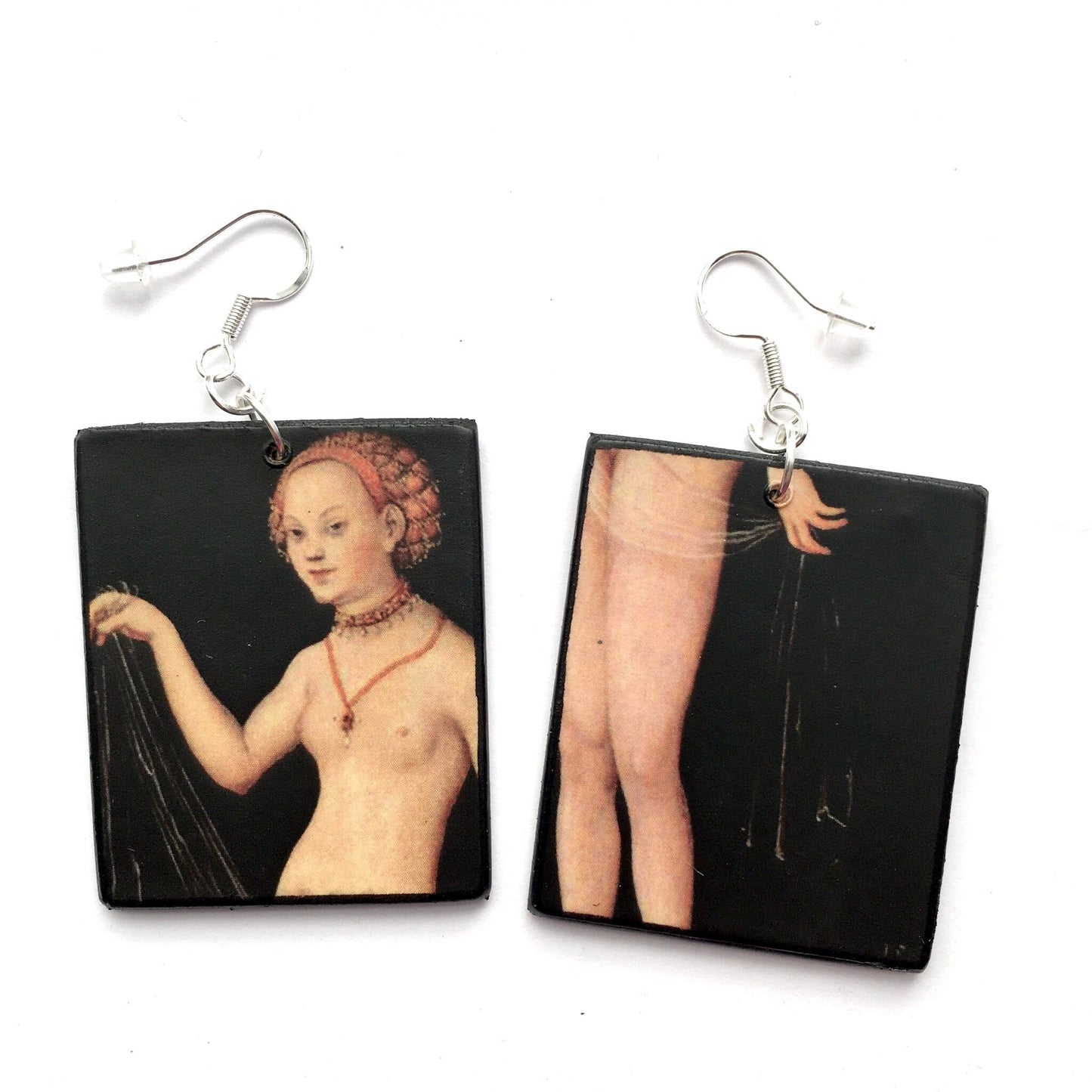 Wearable art jewellery by Obljewellery. These sensual art earrings with Venus nude art detail by the German Renaissance famous artist Lucas Cranach the older.