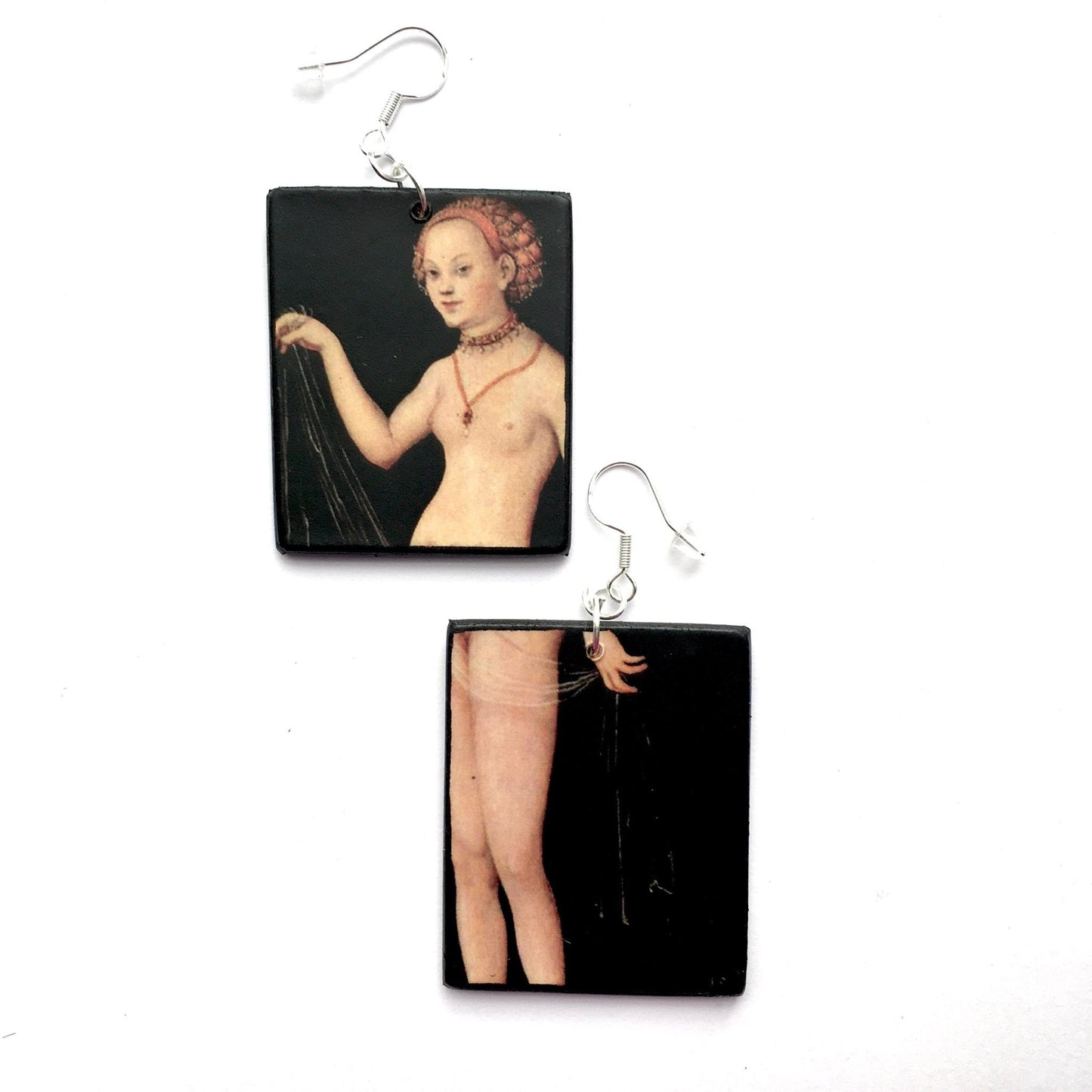 Wearable art jewellery by Obljewellery. These sensual art earrings with Venus nude art detail by the German Renaissance famous artist Lucas Cranach the older.