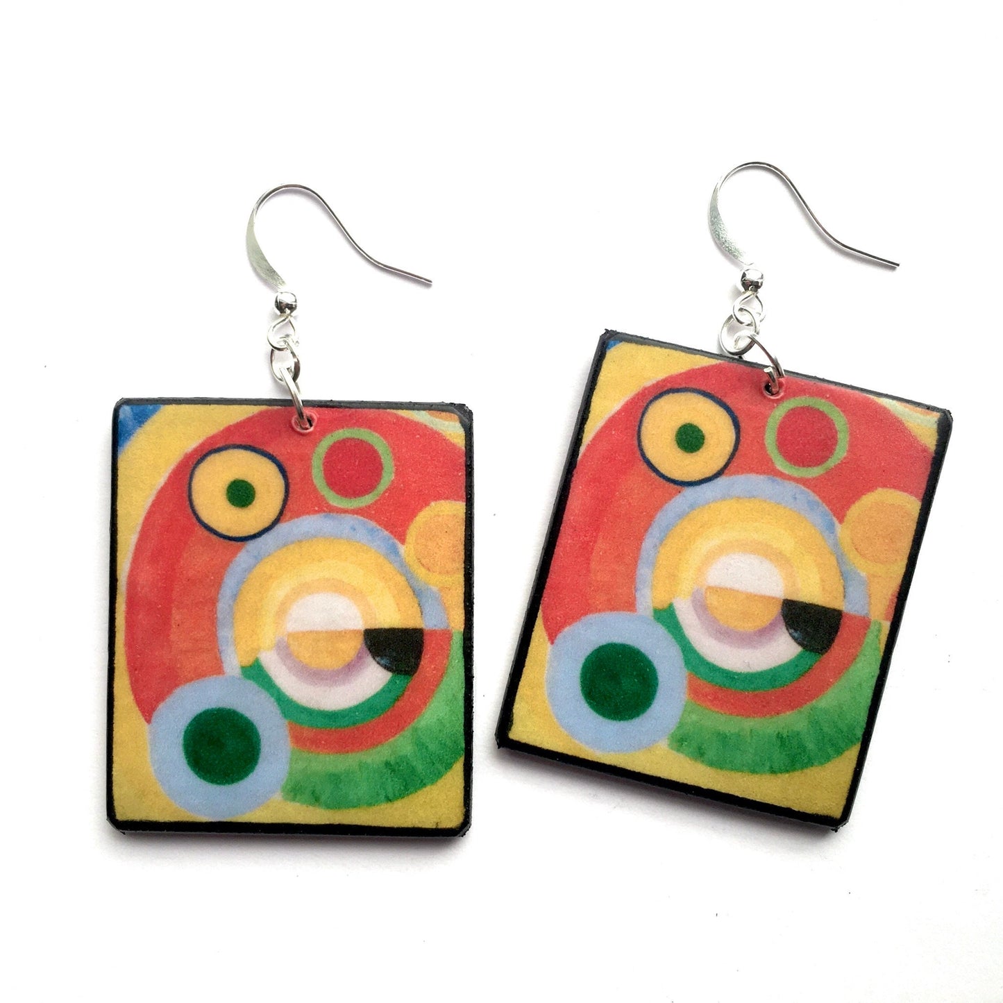 Delaunay, mismatched, asymmetrical art earrings.