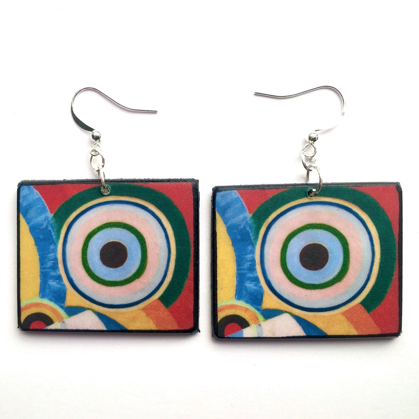 Delaunay, mismatched, asymmetrical art earrings.