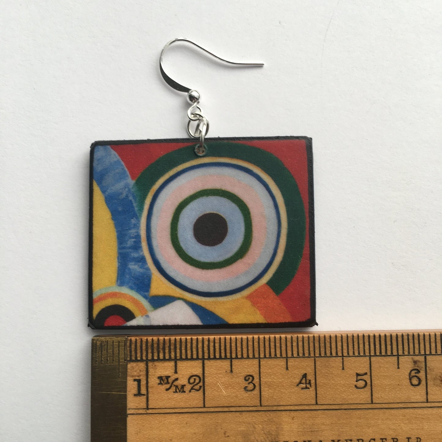 Delaunay, mismatched, asymmetrical art earrings.