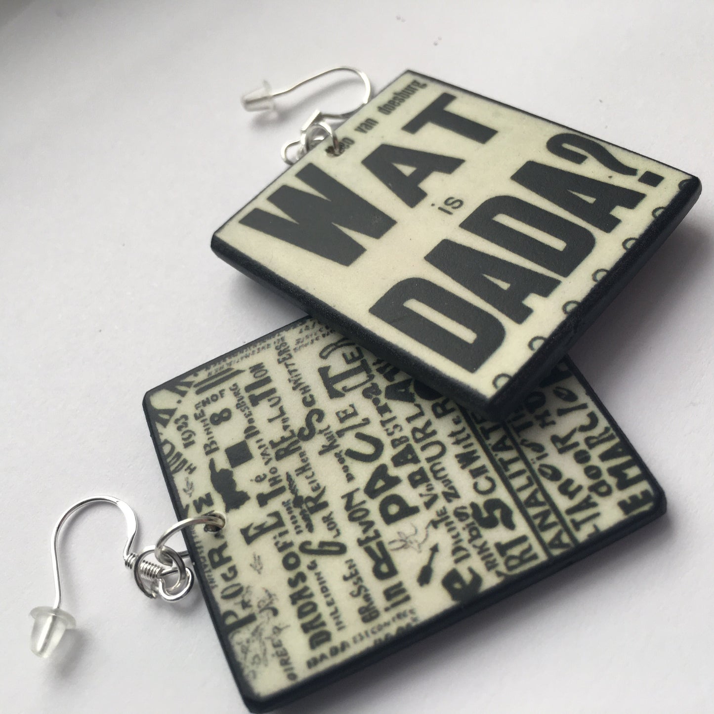 Theo van Doesburg "Wat is Dada" artsy earrings gift handmade by Obljewellery from sustainable wood.