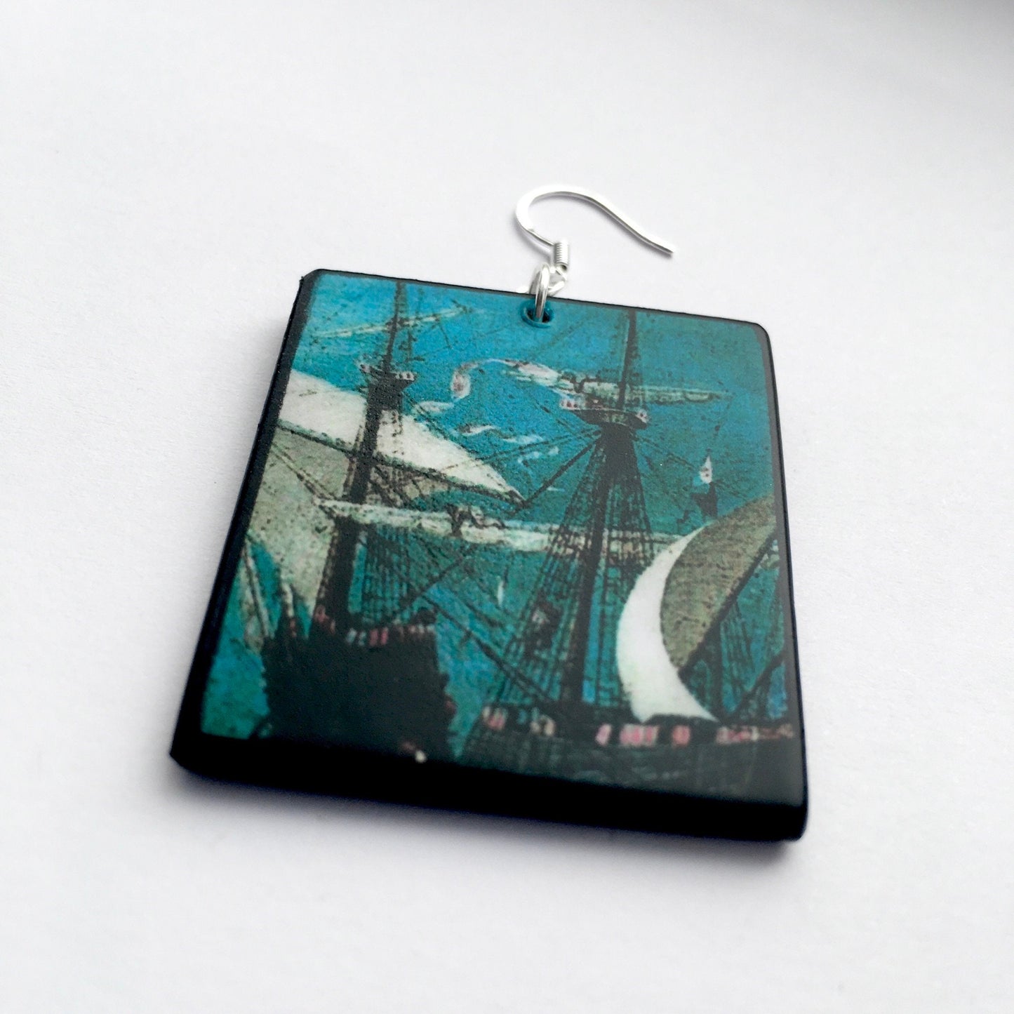 Wooden mismatched art earrings. Summer birthday gift for her. Masted sailing ship,detail of oil painting by famous artist Pieter Bruegel.