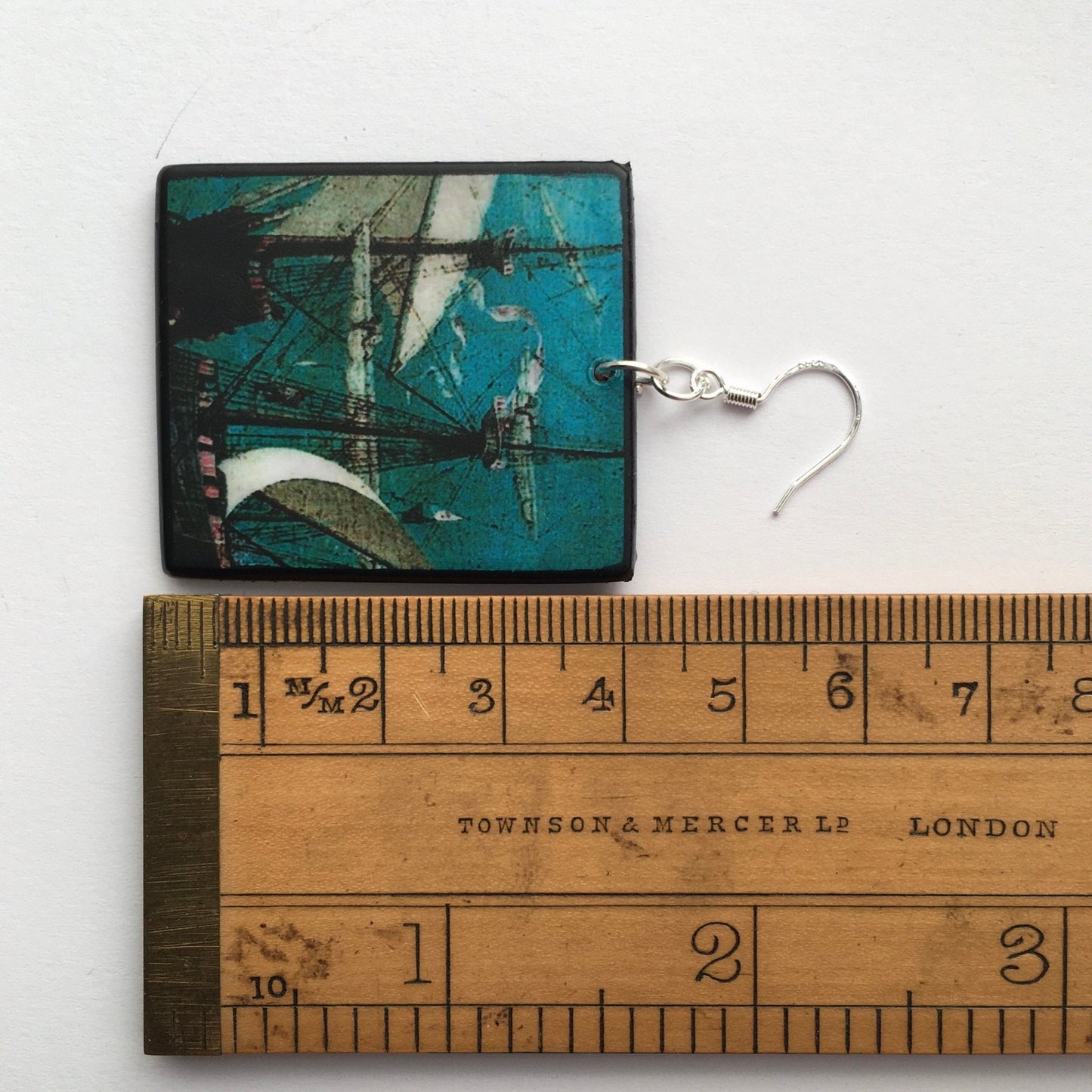 Wooden mismatched art earrings. Summer birthday gift for her. Masted sailing ship,detail of oil painting by famous artist Pieter Bruegel.
