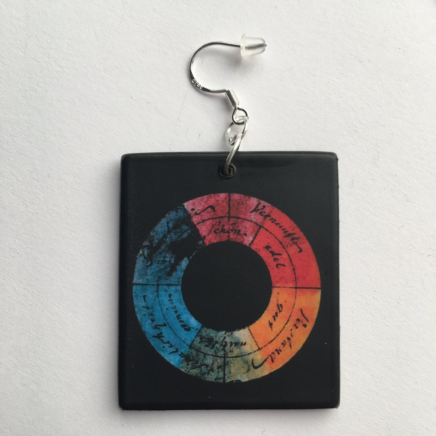 Color wheel designed by Goethe in 1809 inspired Obljewellery for these mismatched earrings.