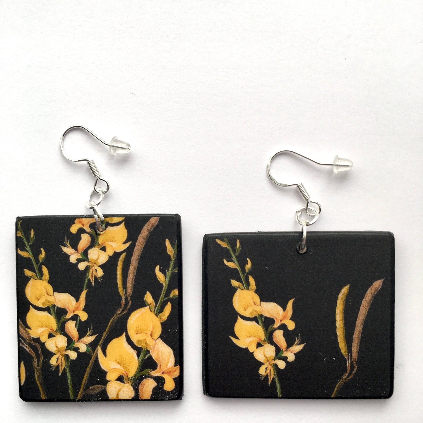 Artsy, asymmetrical floral earrings. Obljewellery inspired by artist Mary Delany ,botanical art, wooden and sterling silver earrings.