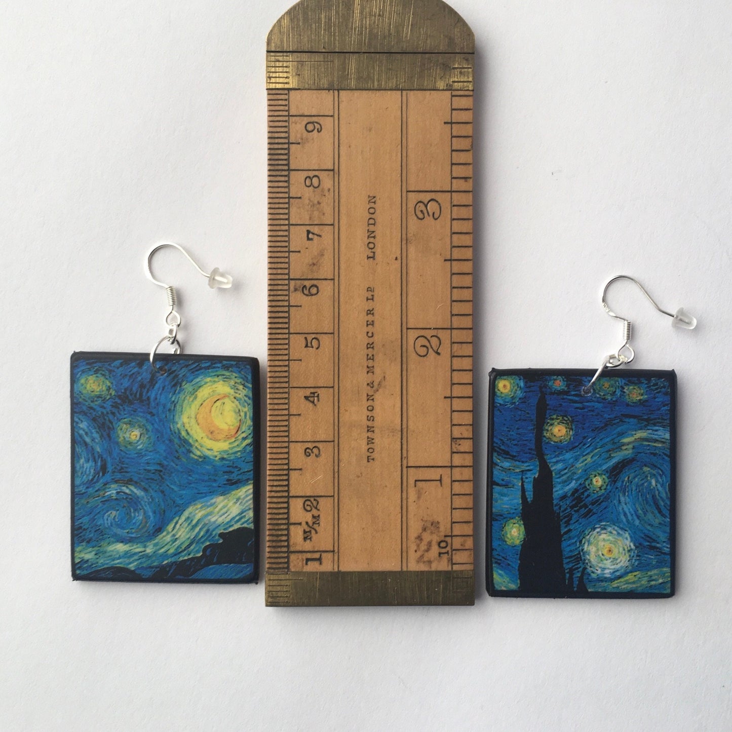 Vincent van Gogh, Starry Night, sustainable fashion, wood and sterling silver, art earrings,